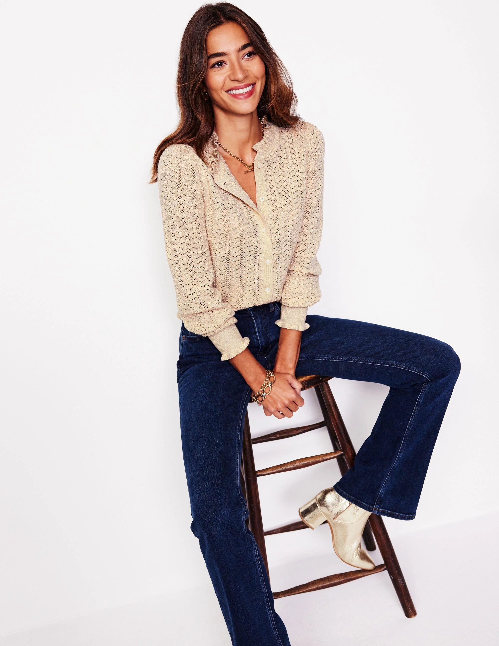 Tia Pointelle Frilled Cardigan-Gold Oatmeal Melange Weekend Style Reflective Yarn Accent