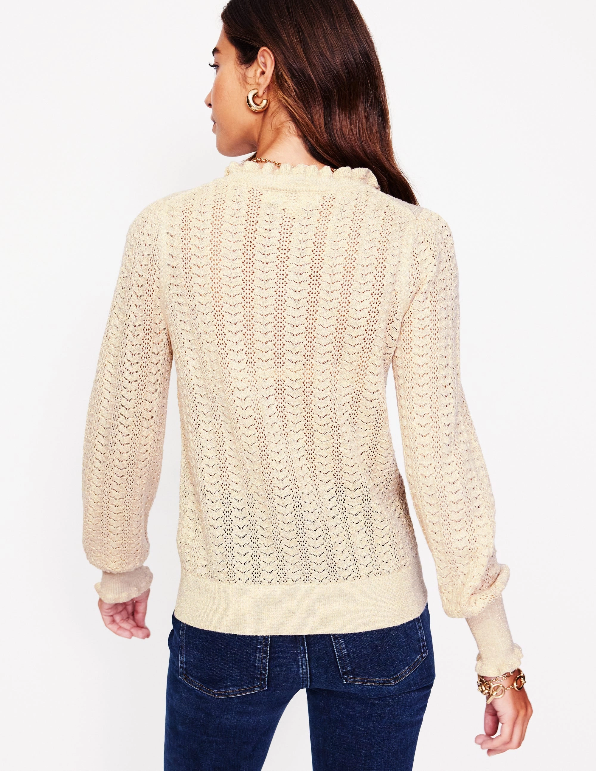 Tia Pointelle Frilled Cardigan-Gold Oatmeal Melange Warm Vibe Non Restrictive