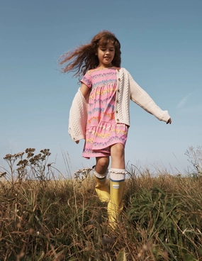 Visual Balance knee-length Ariel Twirly Jersey Dress-Cosmos Pink Floral Stripe