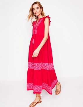 Smooth Texture All Purpose Tie Neck Tier Dress-Poppy Red