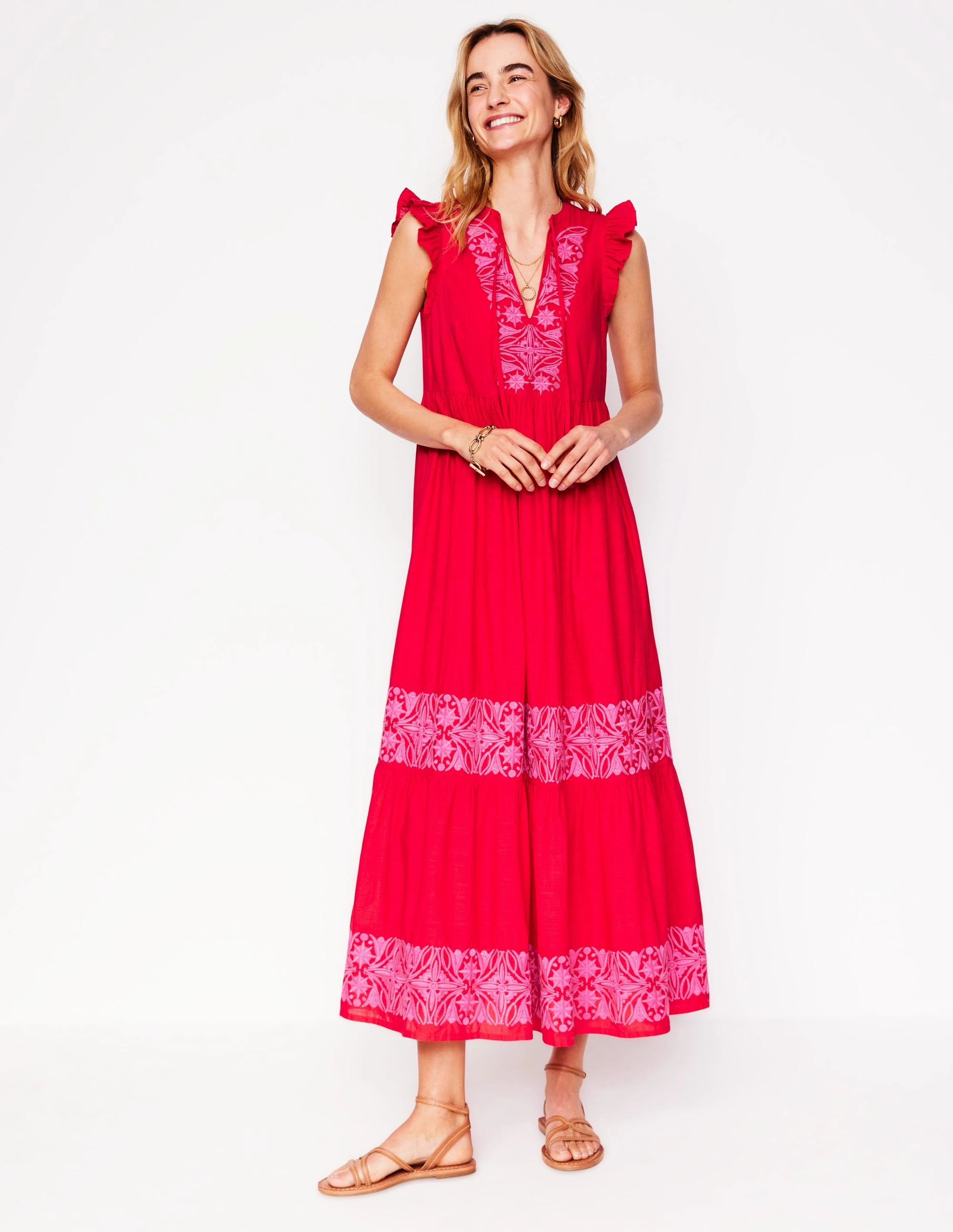 Tie Neck Tier Dress-Poppy Red Lightweight-Comfort
