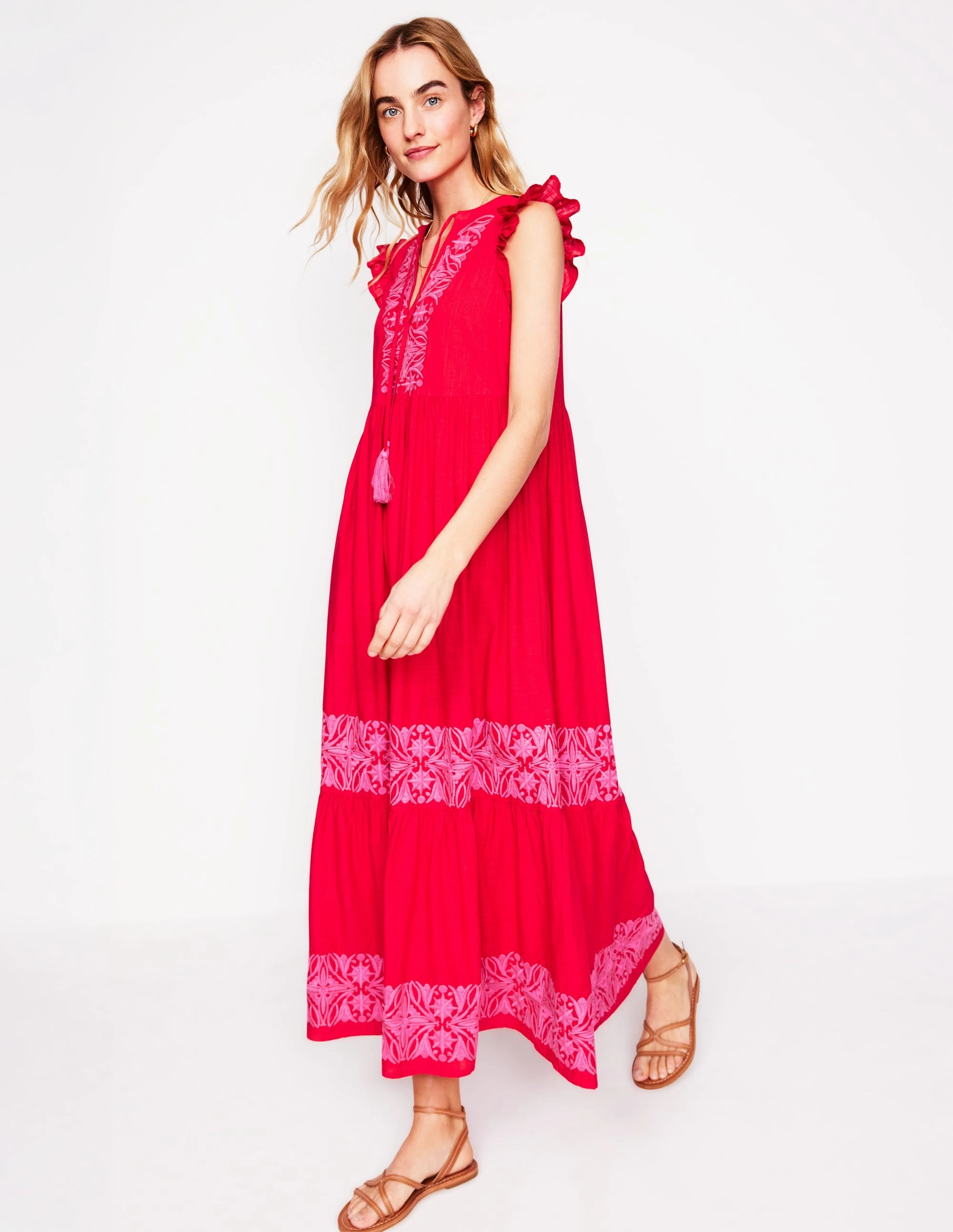 Smooth Texture All Purpose Tie Neck Tier Dress-Poppy Red
