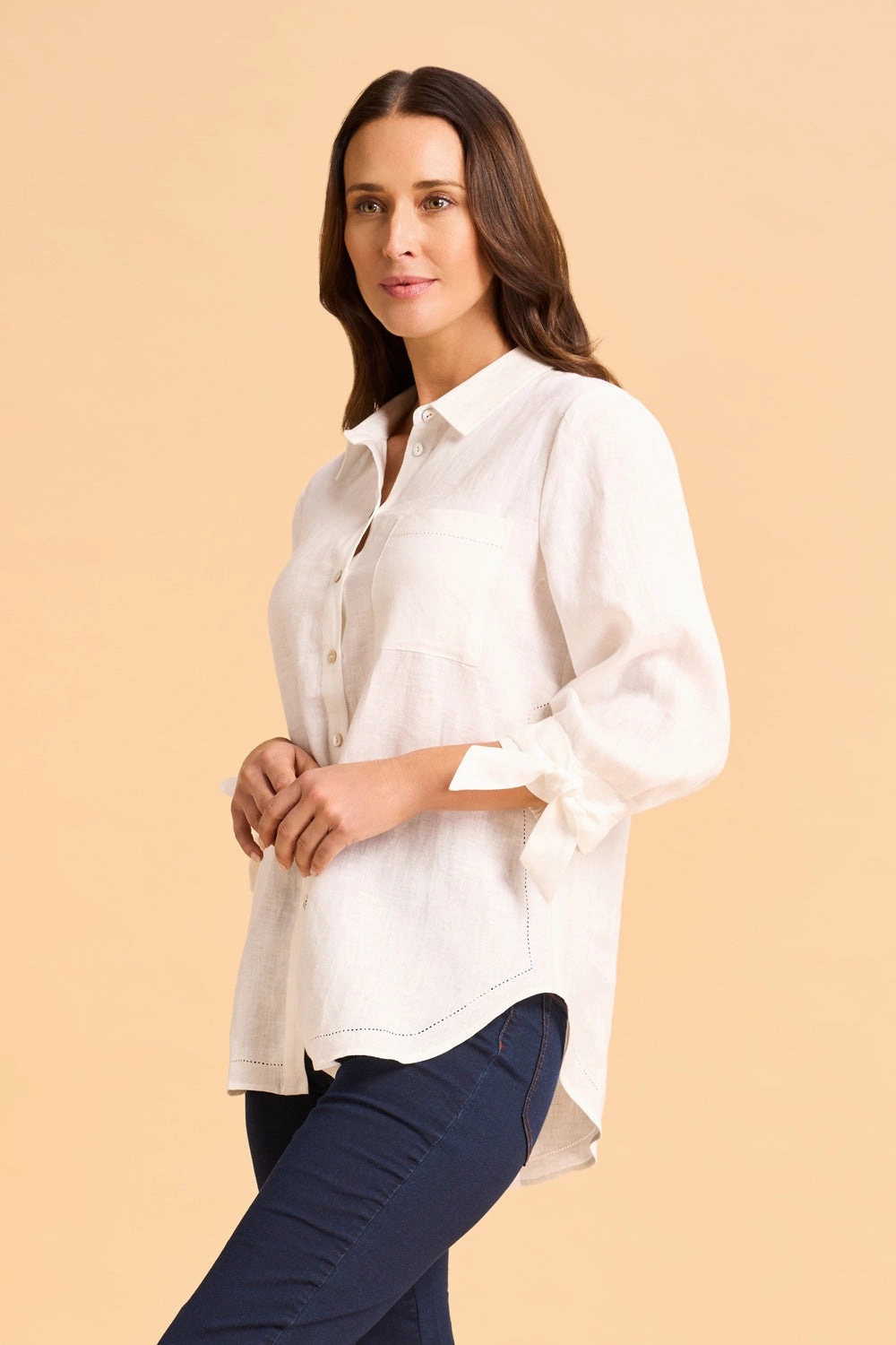 Non Irritating Seam Finish Tie Sleeve Linen Shirt - White