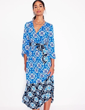Breathable fabric Vibrant Design Tie Wrap Tier Maxi Dress-Cerulean Blue, Baroque Tile