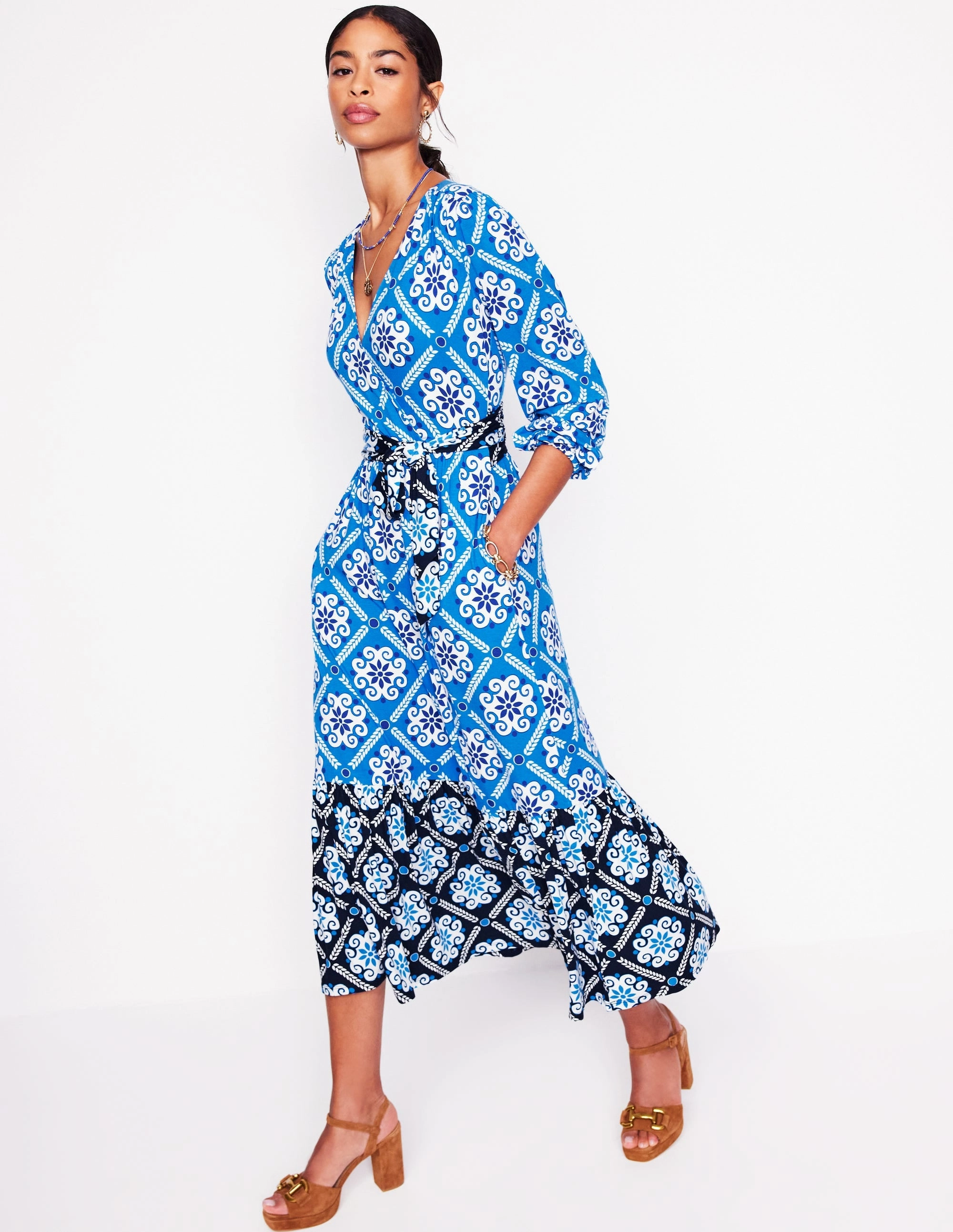 Tie Wrap Tier Maxi Dress-Cerulean Blue, Baroque Tile Art Soul Boho Mood
