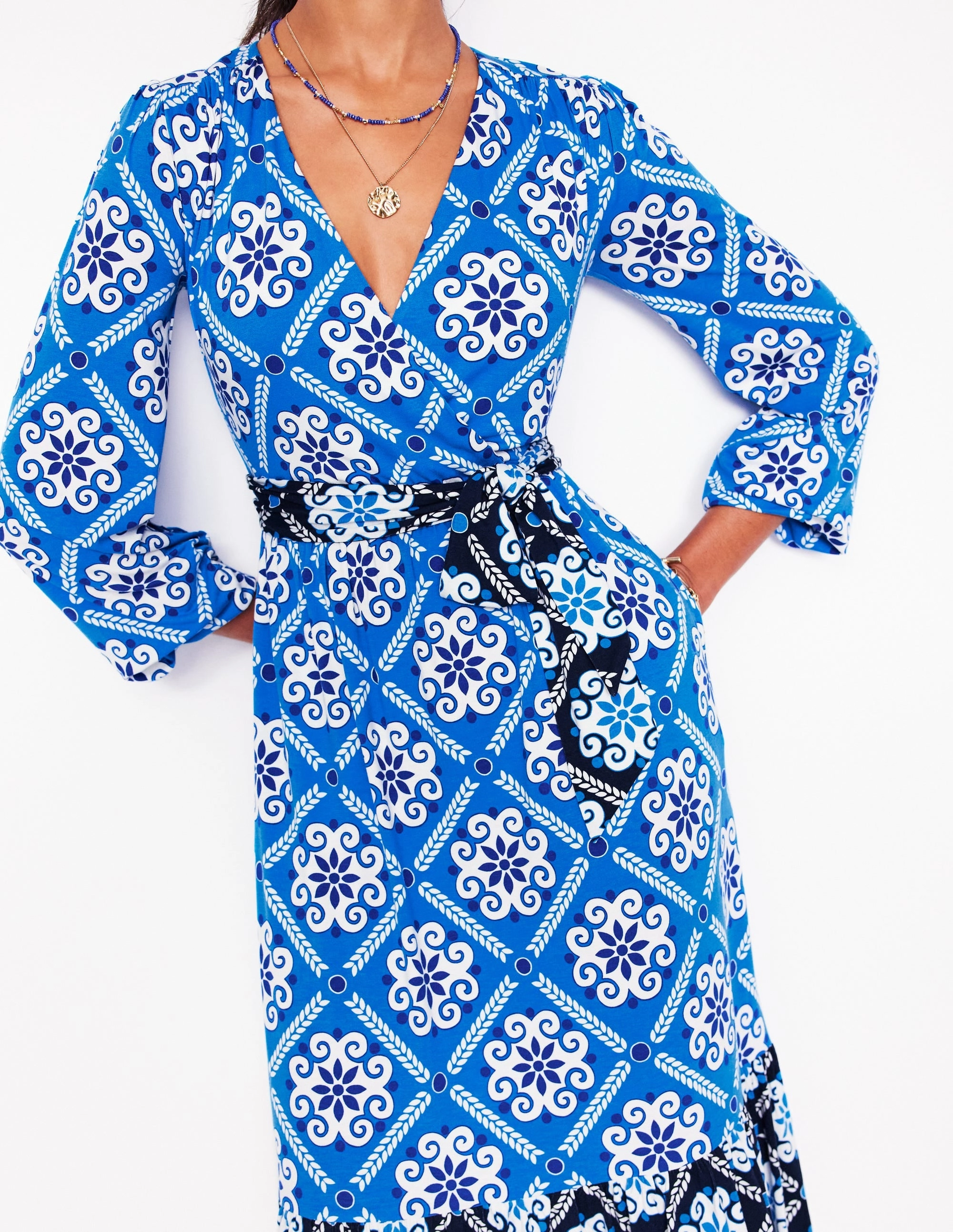 Tie Wrap Tier Maxi Dress-Cerulean Blue, Baroque Tile Flattering Waistband Silk Shine