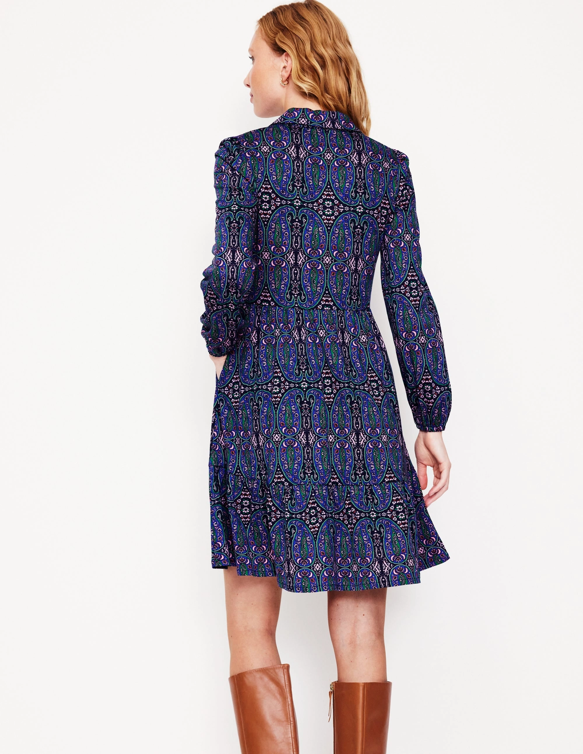 Soft Shine Tiered Jersey Shirt Dress-Navy, Paisley Bud Variation
