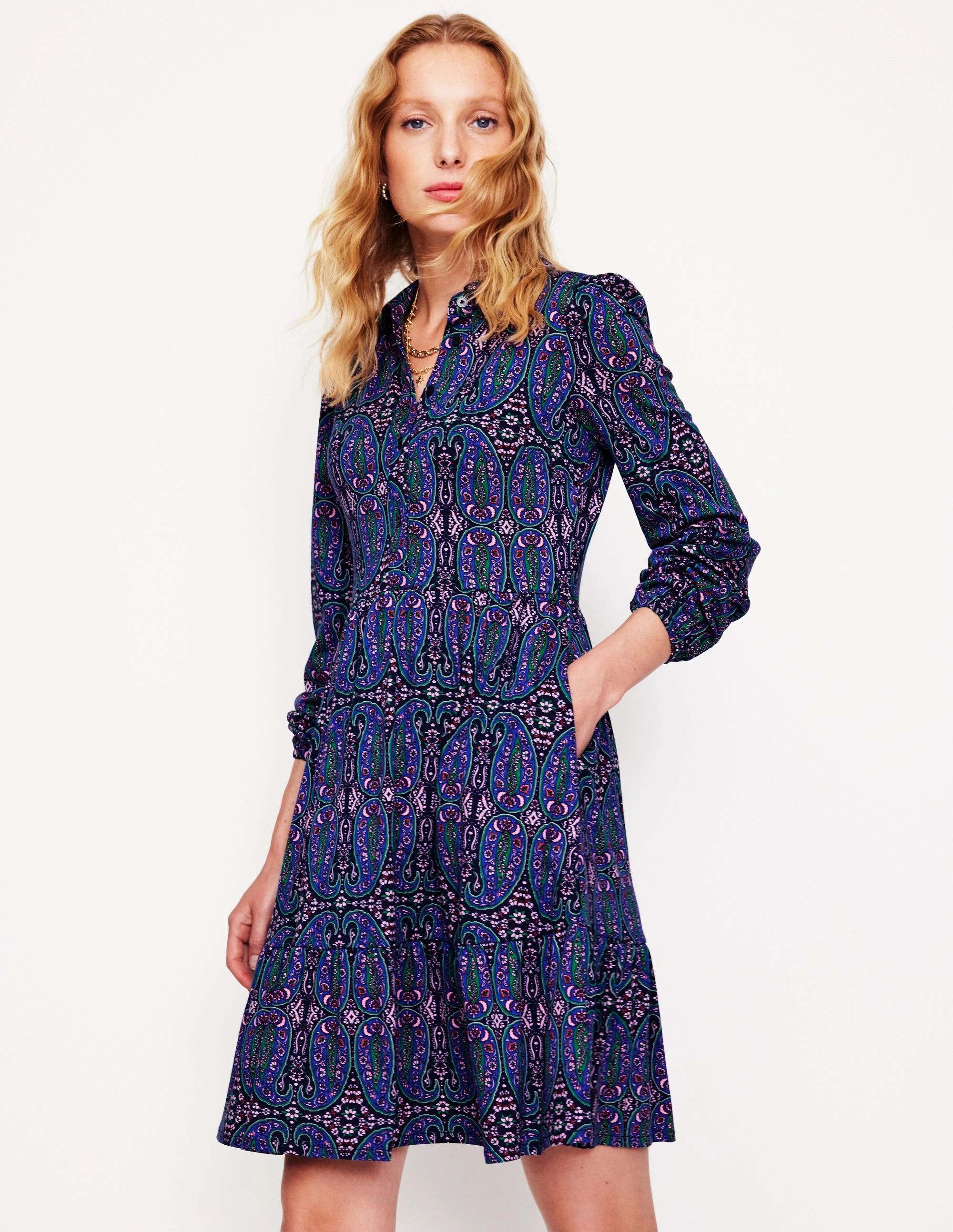 Art Inspired Tiered Jersey Shirt Dress-Navy, Paisley Bud Variation