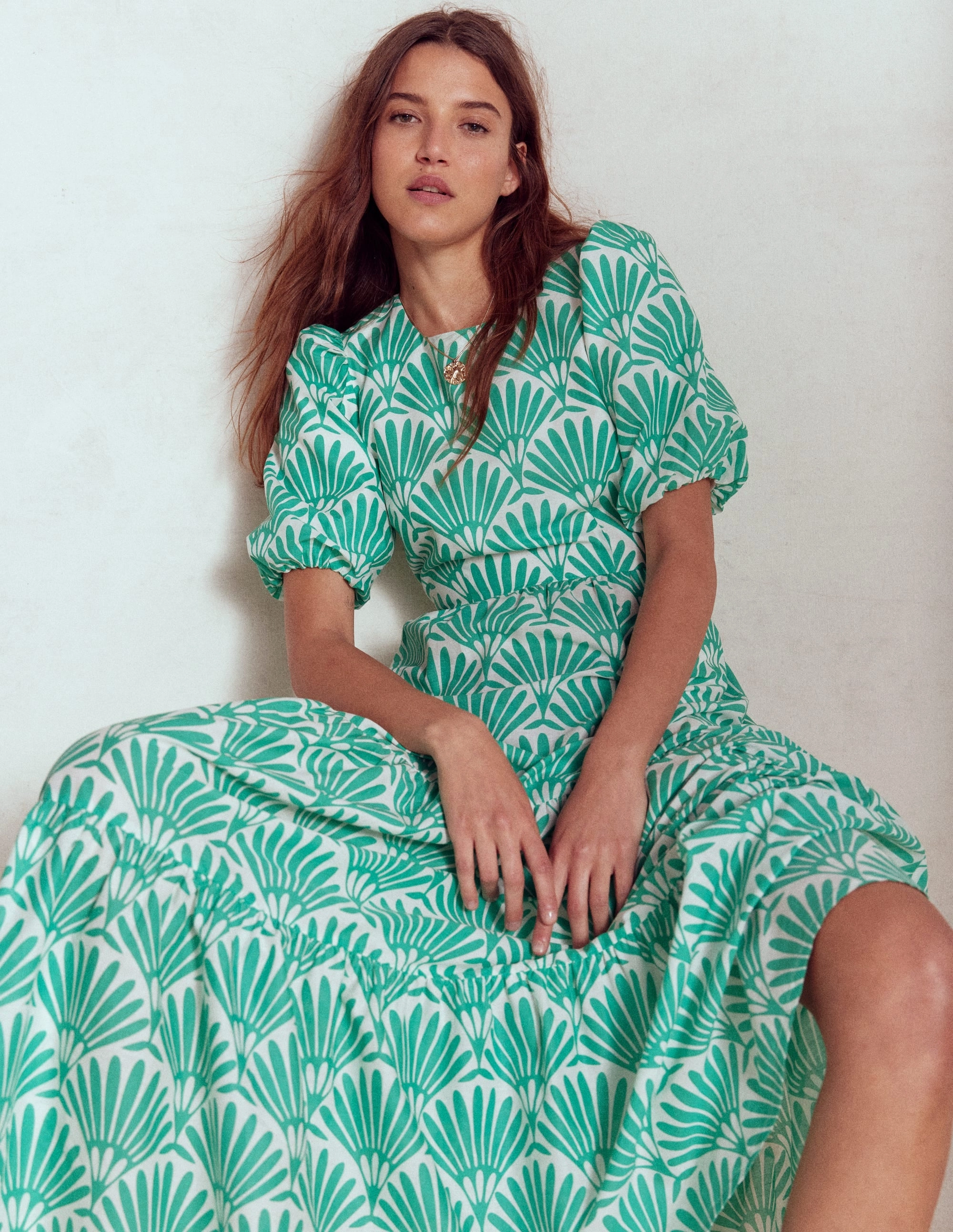 Tiered Poplin Maxi Dress-Aquamarine Blue, Deco Palm Minimal Comfort