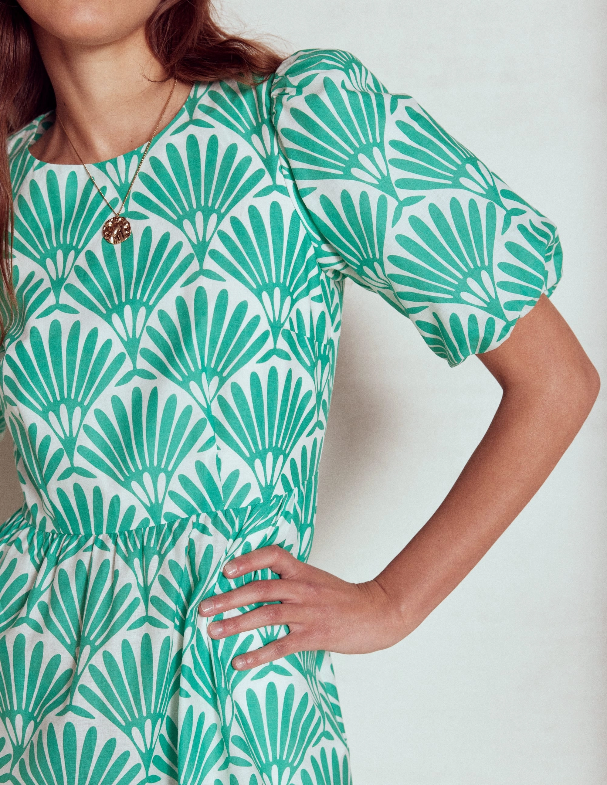 Handmade Tiered Poplin Maxi Dress-Aquamarine Blue, Deco Palm