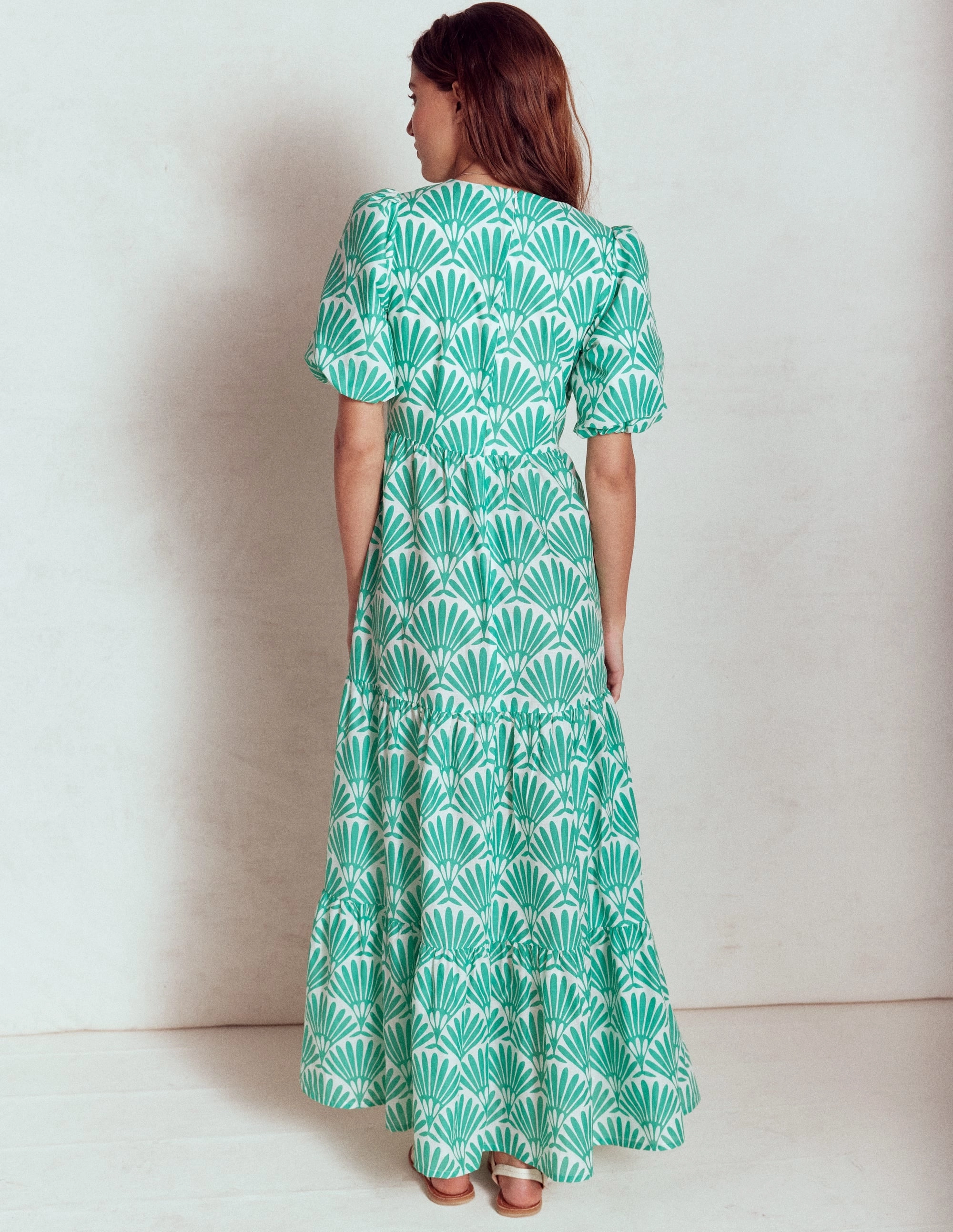 Tiered Poplin Maxi Dress-Aquamarine Blue, Deco Palm Satin Grace