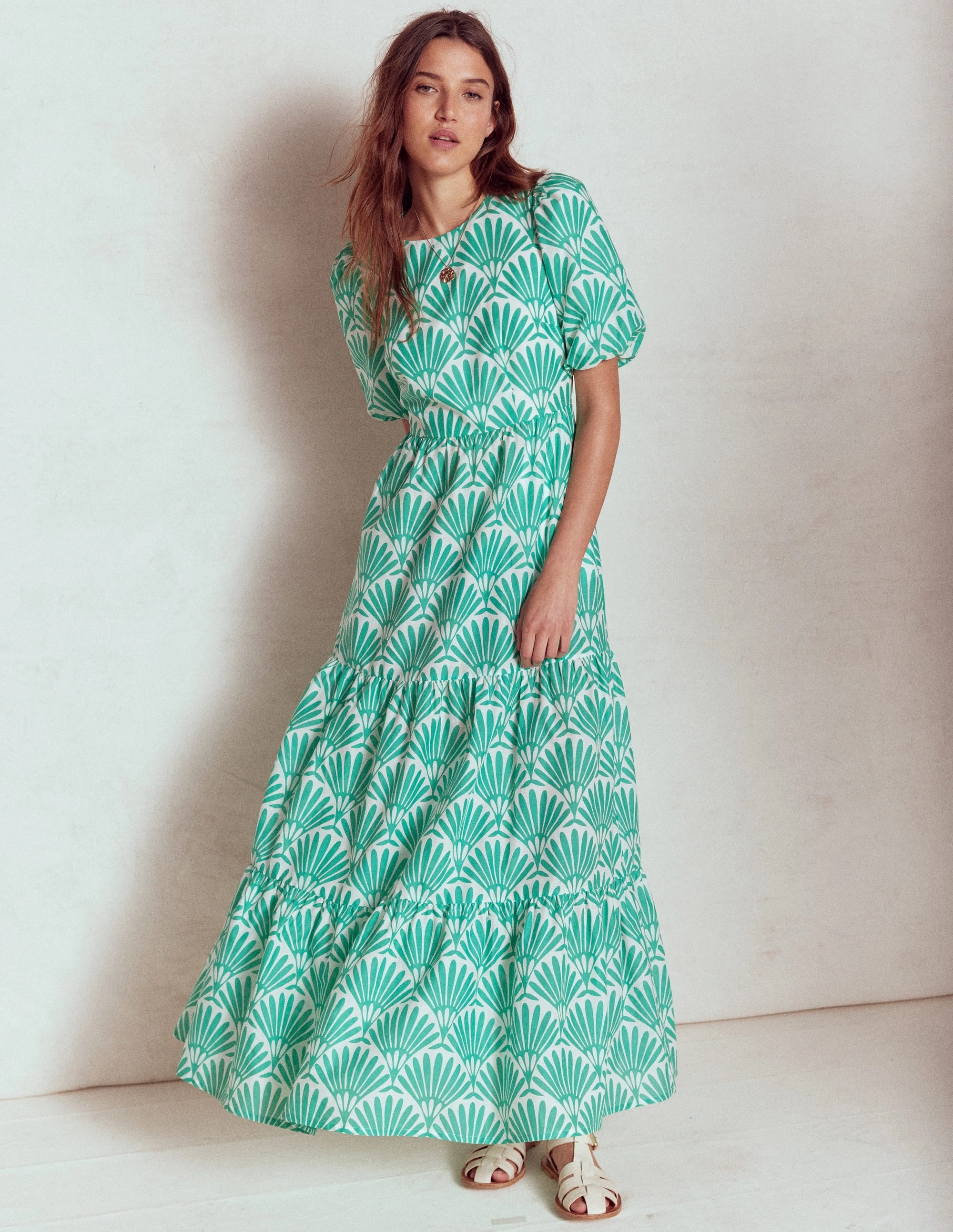 MoldResistantTexture Tiered Poplin Maxi Dress-Aquamarine Blue, Deco Palm