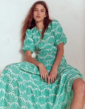 Tiered Poplin Maxi Dress-Aquamarine Blue, Deco Palm Minimal Comfort