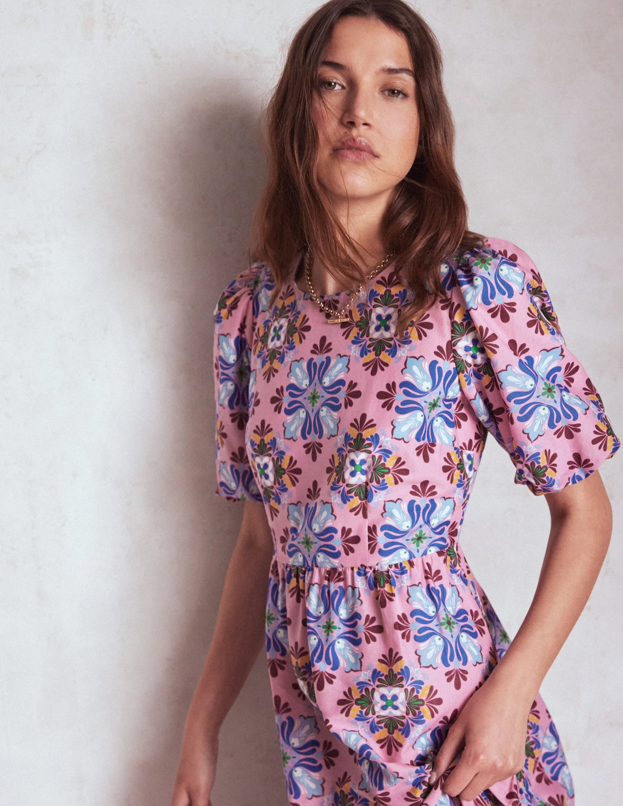 Tiered Poplin Maxi Dress-Formica Pink, Bloom Mosaic Sleek Fit Timeless Fashion