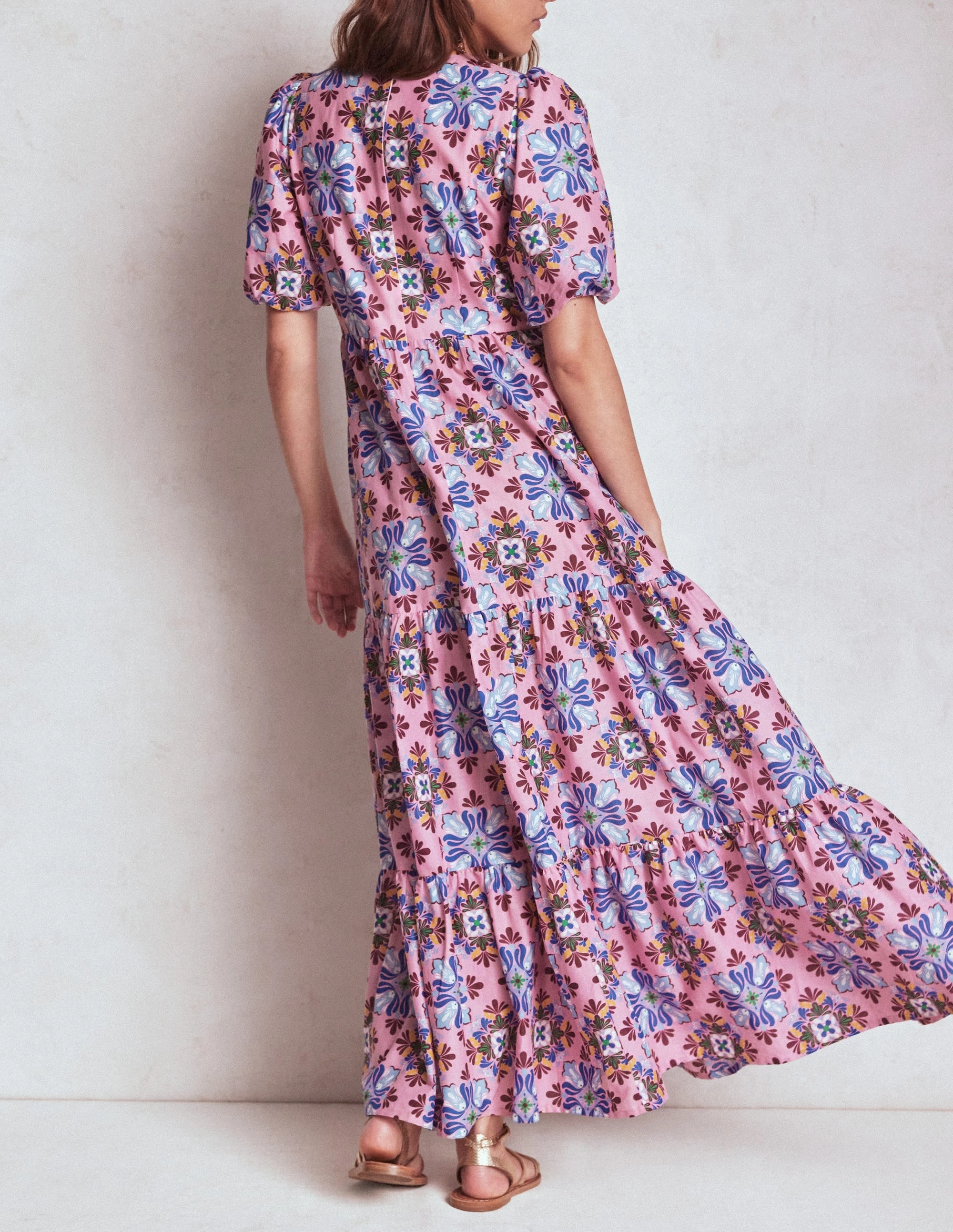 Simple Yet Elegant Tiered Poplin Maxi Dress-Formica Pink, Bloom Mosaic