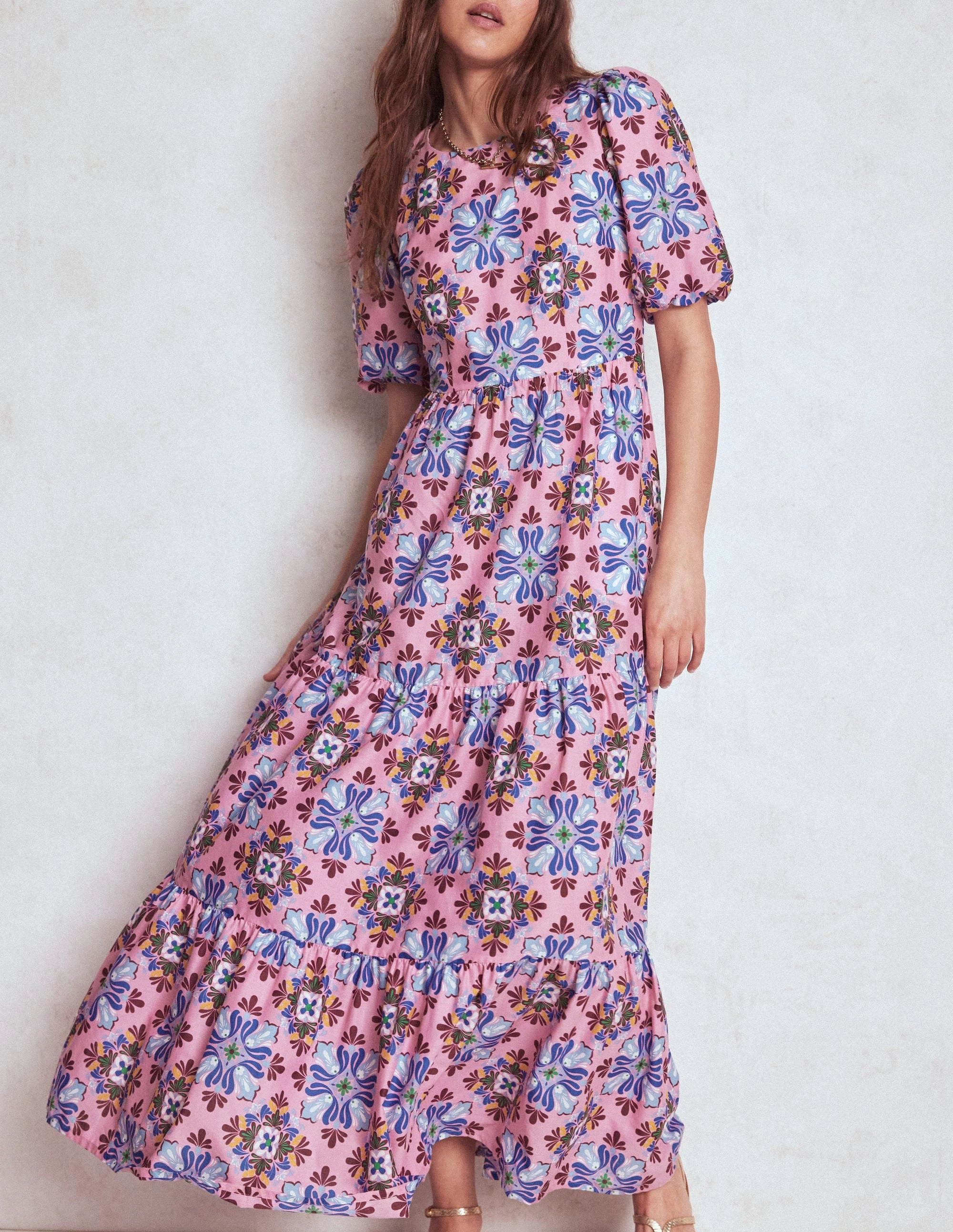 effortless grace Ribbed-Texture Tiered Poplin Maxi Dress-Formica Pink, Bloom Mosaic
