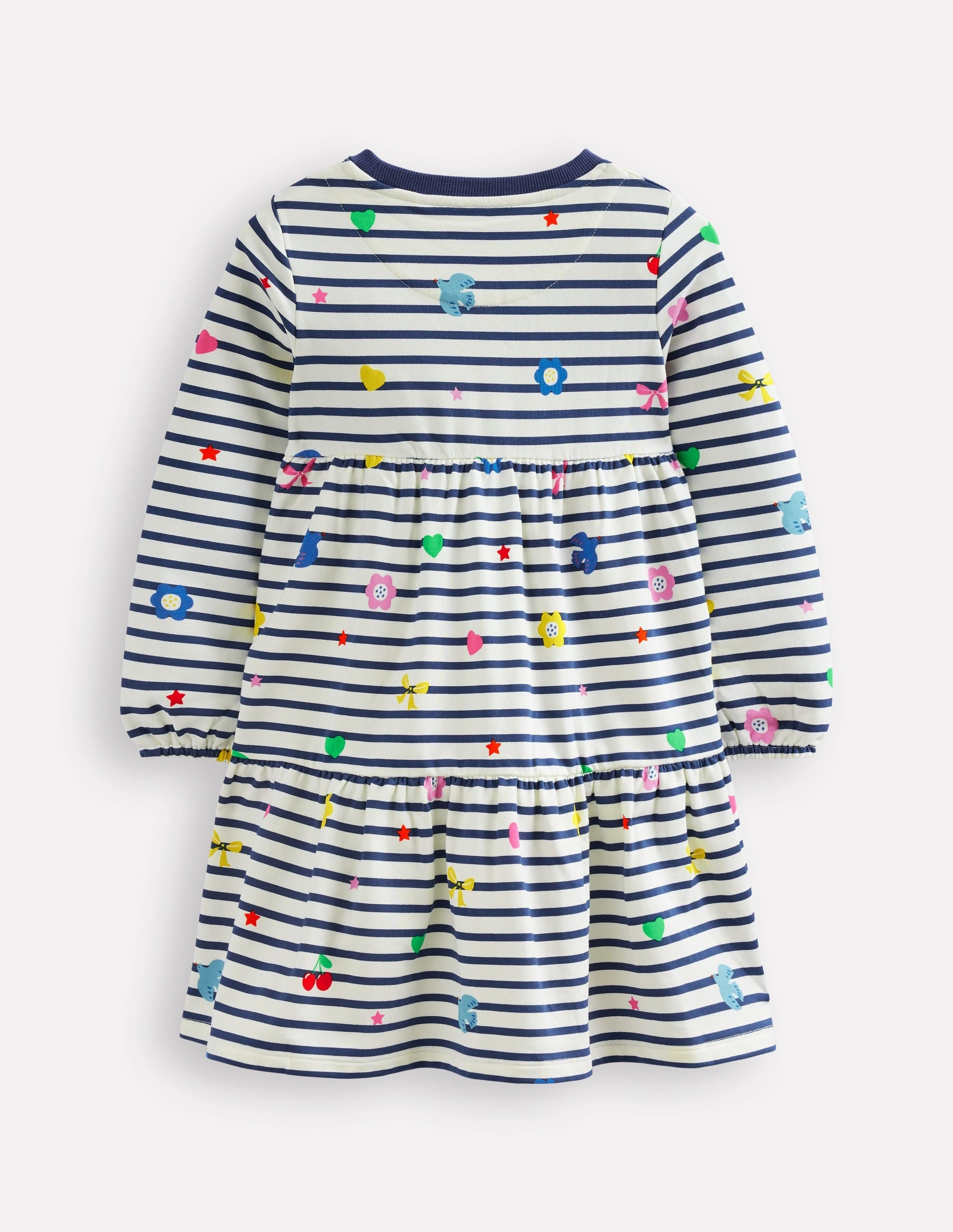 Tiered Sweatshirt Dress-Navy/ Ivory Stripe Sunset Scene Stylish Pick