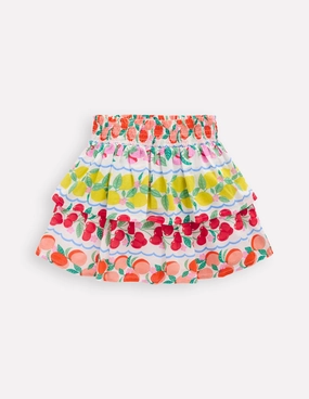 Push Button Closure Edgy Look Tiered Woven Skirt-Rainbow Fruit Stripe