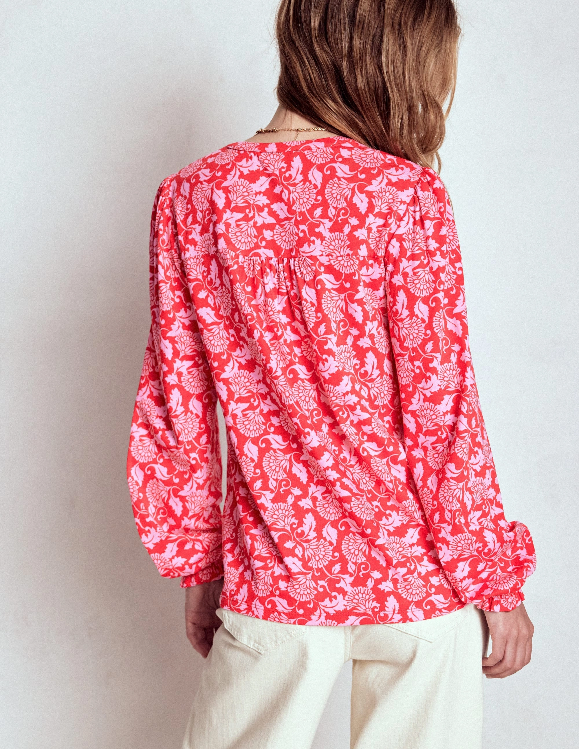 Elsa Smocked Yoke Jersey Shirt-Poppy Red, Ornate Vine DropShoulderDesign