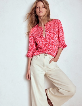 Elsa Smocked Yoke Jersey Shirt-Poppy Red, Ornate Vine Vintage Wash Effect Everyday Fashion