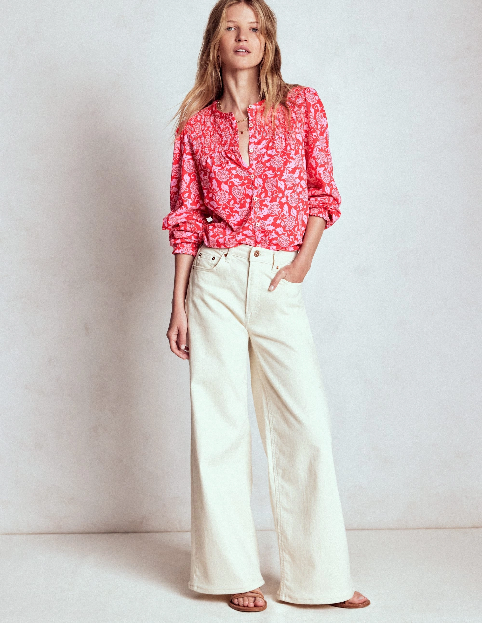 soft look Active Fashion Elsa Smocked Yoke Jersey Shirt-Poppy Red, Ornate Vine