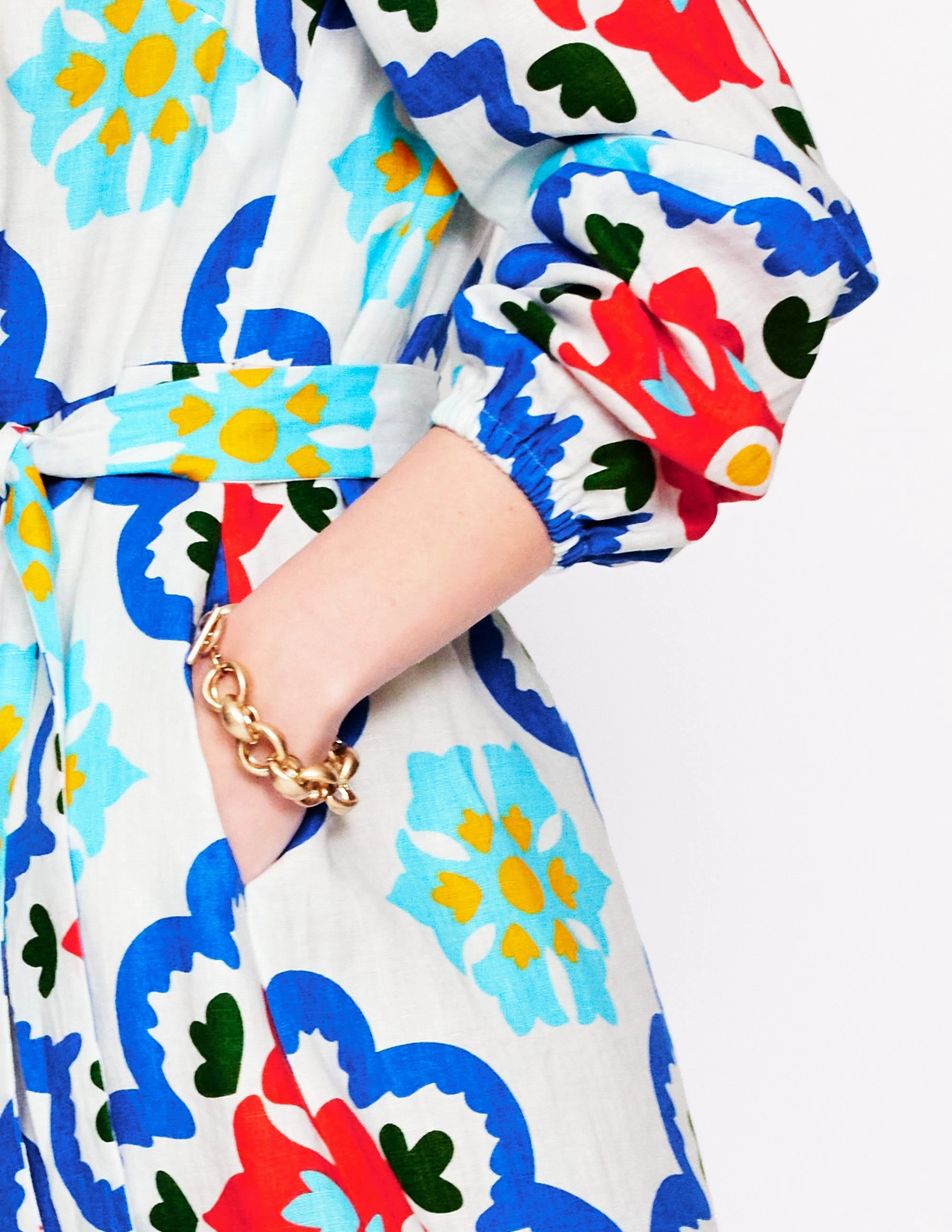 Straight Linen Shirt Dress-Ivory, Bloom Geo Vibrant Look Shimmer-Finish