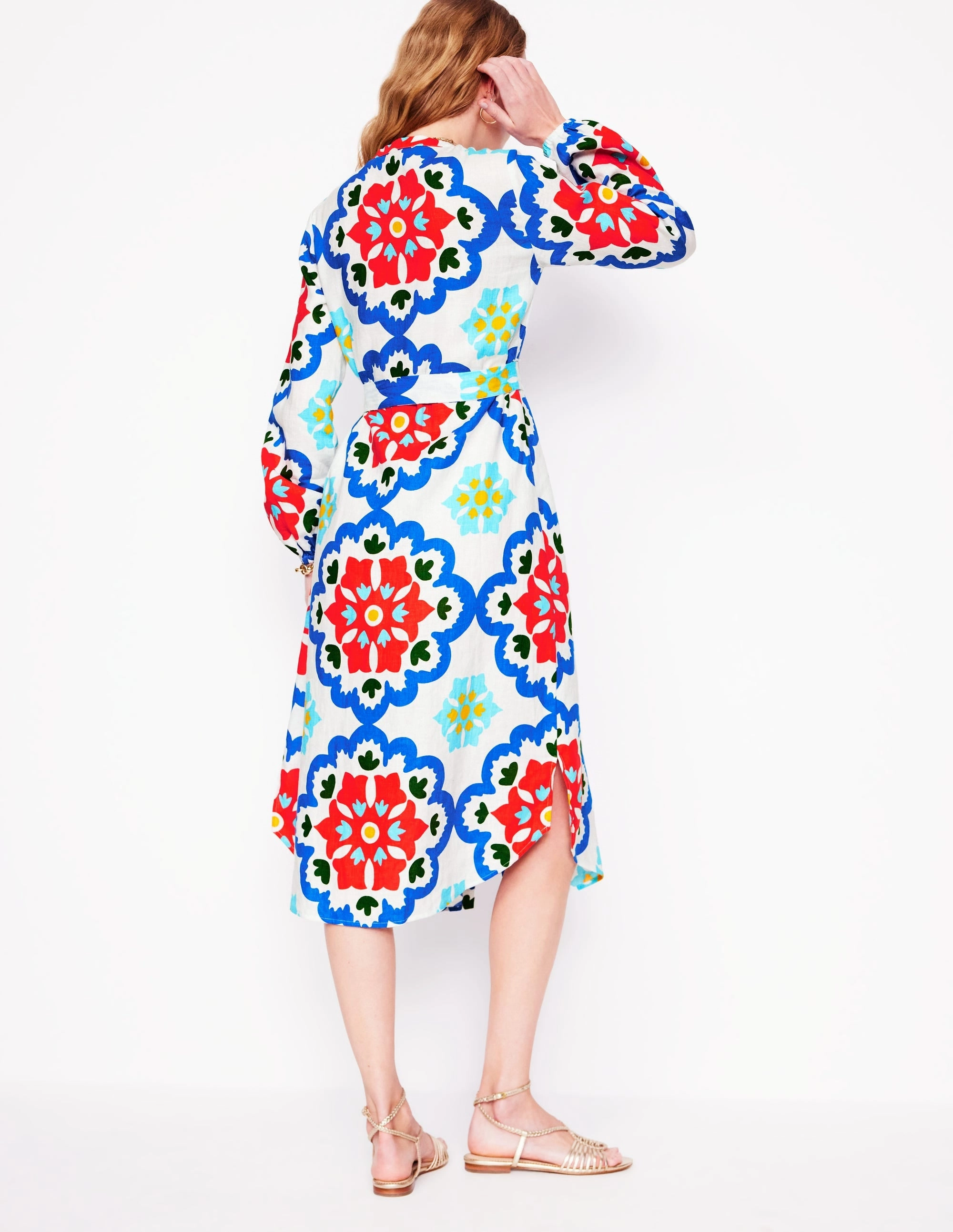 Straight Linen Shirt Dress-Ivory, Bloom Geo Comfort waistband Sleek And Stylish