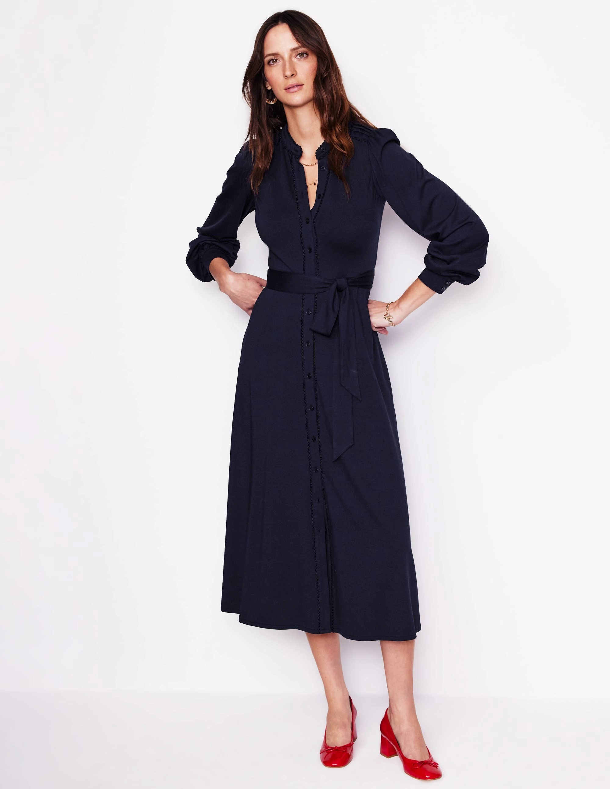 Rowena Trim Jersey Shirt Dress-Navy Comfortable texture Front-Slit