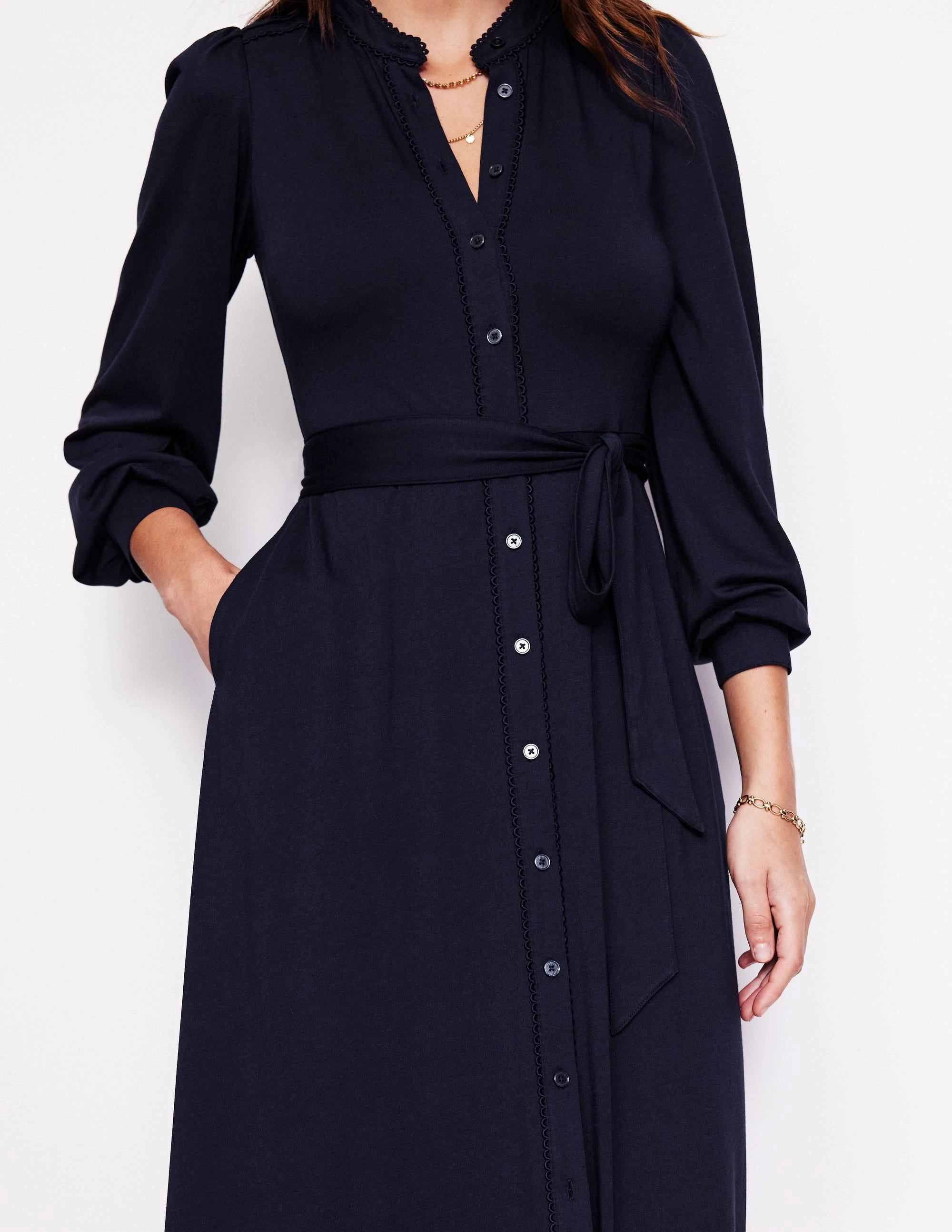 Rowena Trim Jersey Shirt Dress-Navy WrinkleResistantFinish