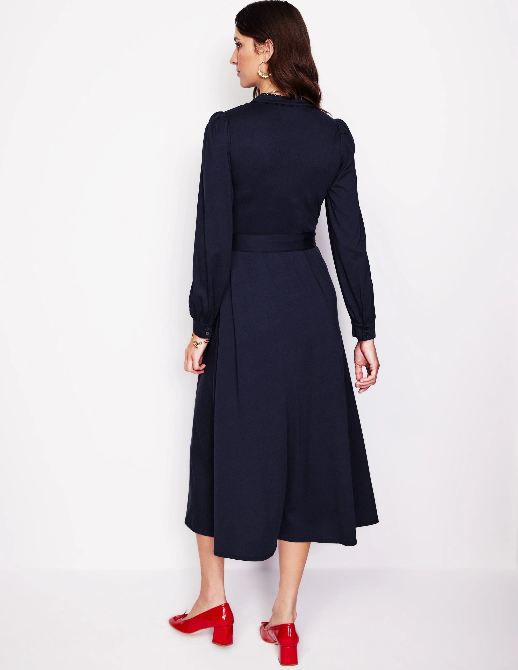 Fall Style Inner Glow Rowena Trim Jersey Shirt Dress-Navy