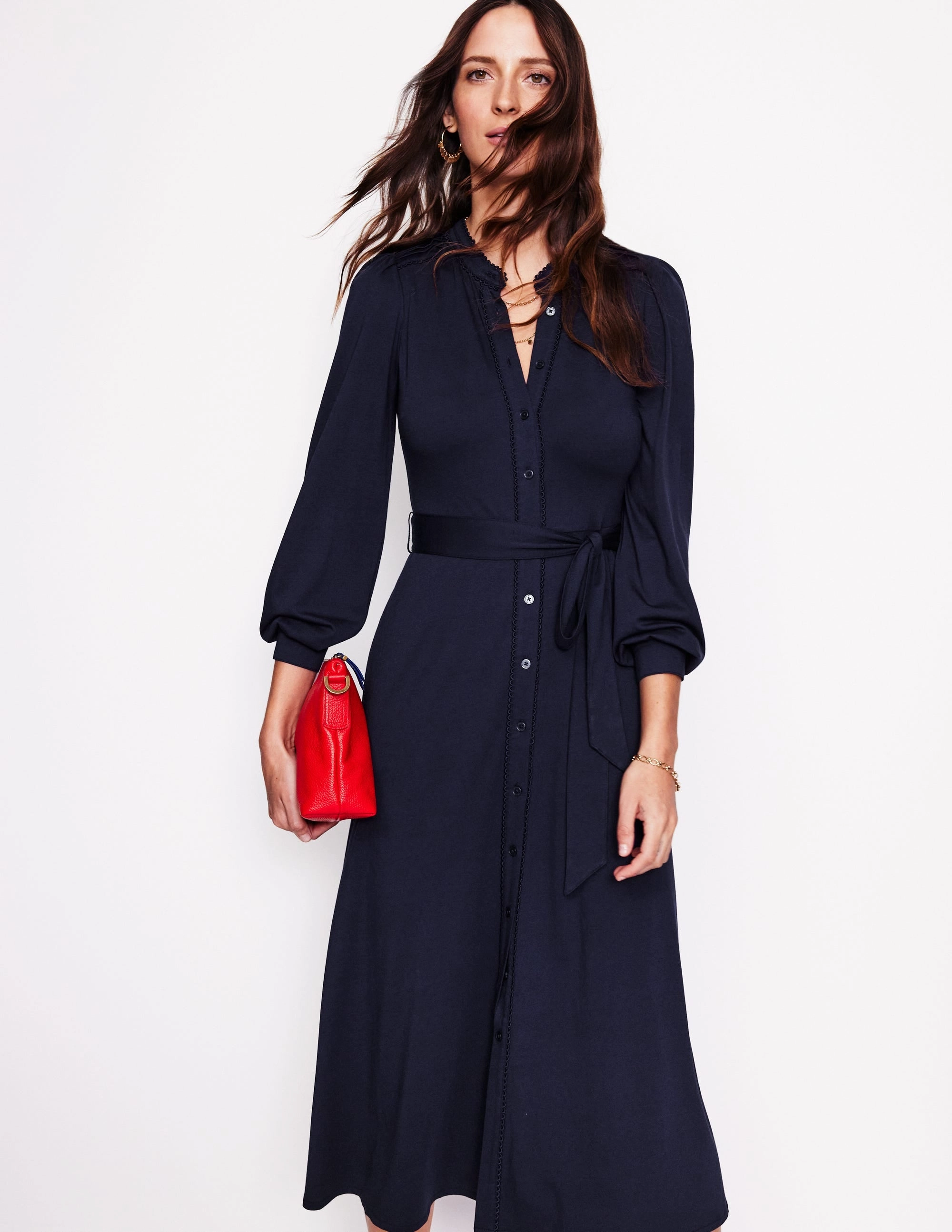 Rowena Trim Jersey Shirt Dress-Navy Flexible Comfort Collar Accent