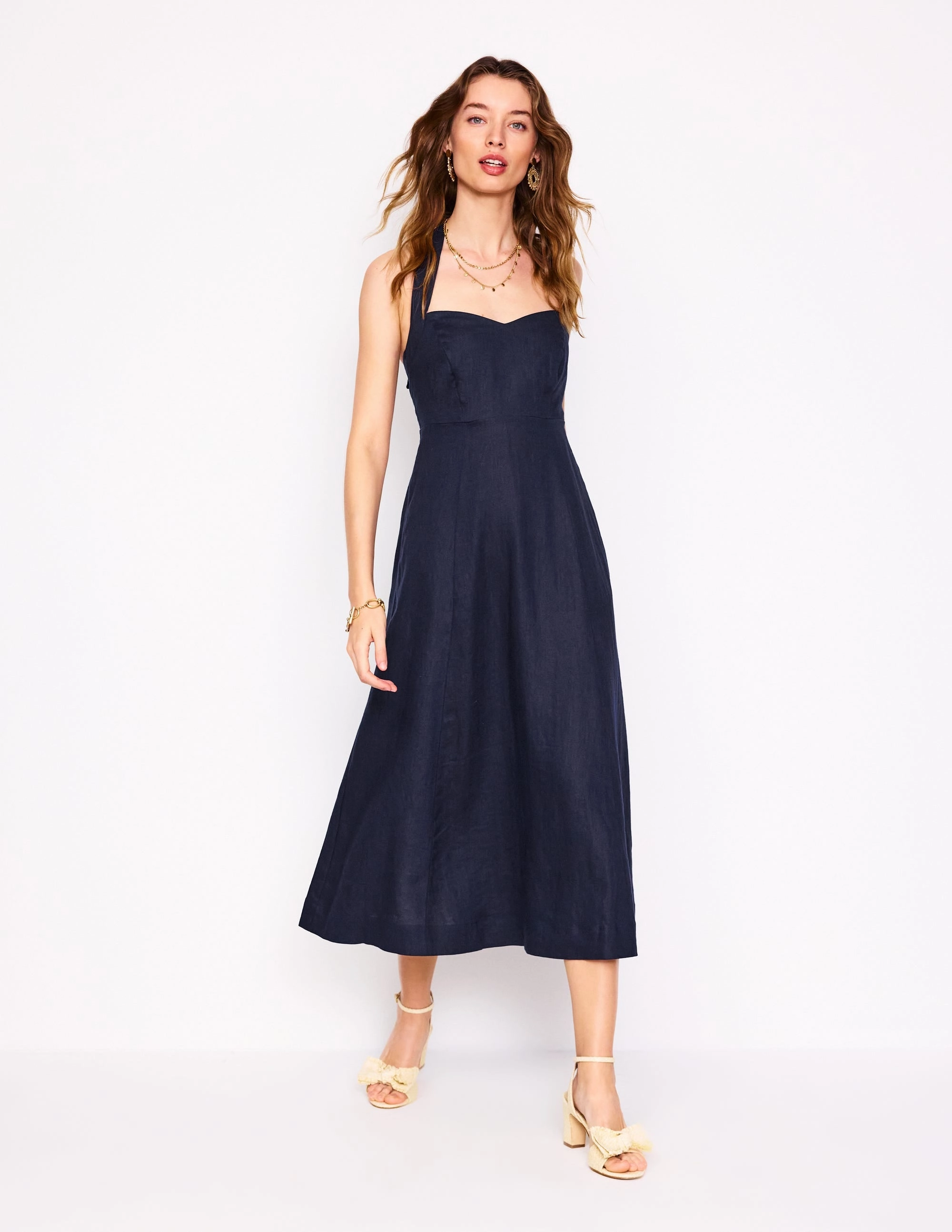 Halter Linen Dress-Navy Layered Fabric