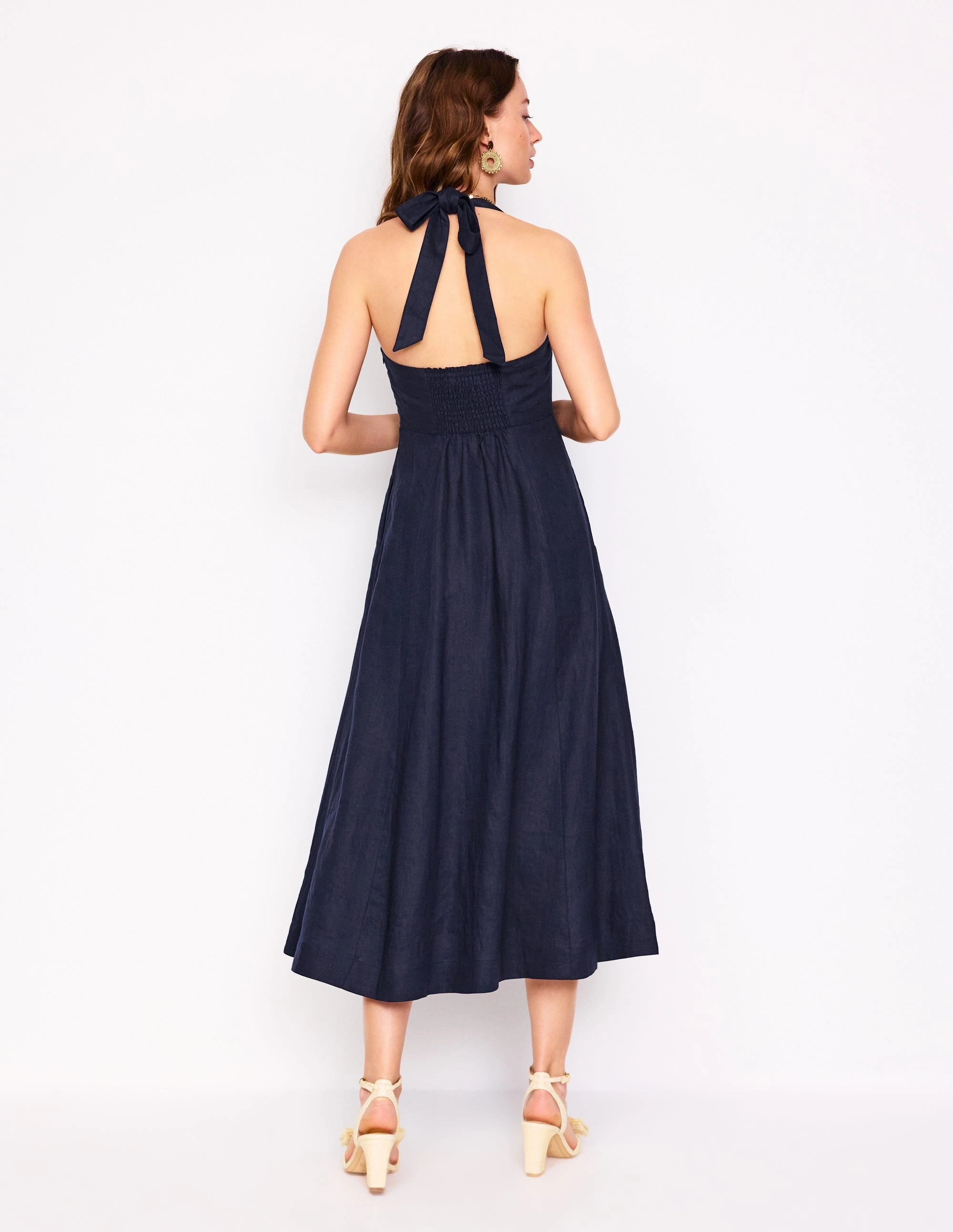Halter Linen Dress-Navy Smooth Design Weekend Style