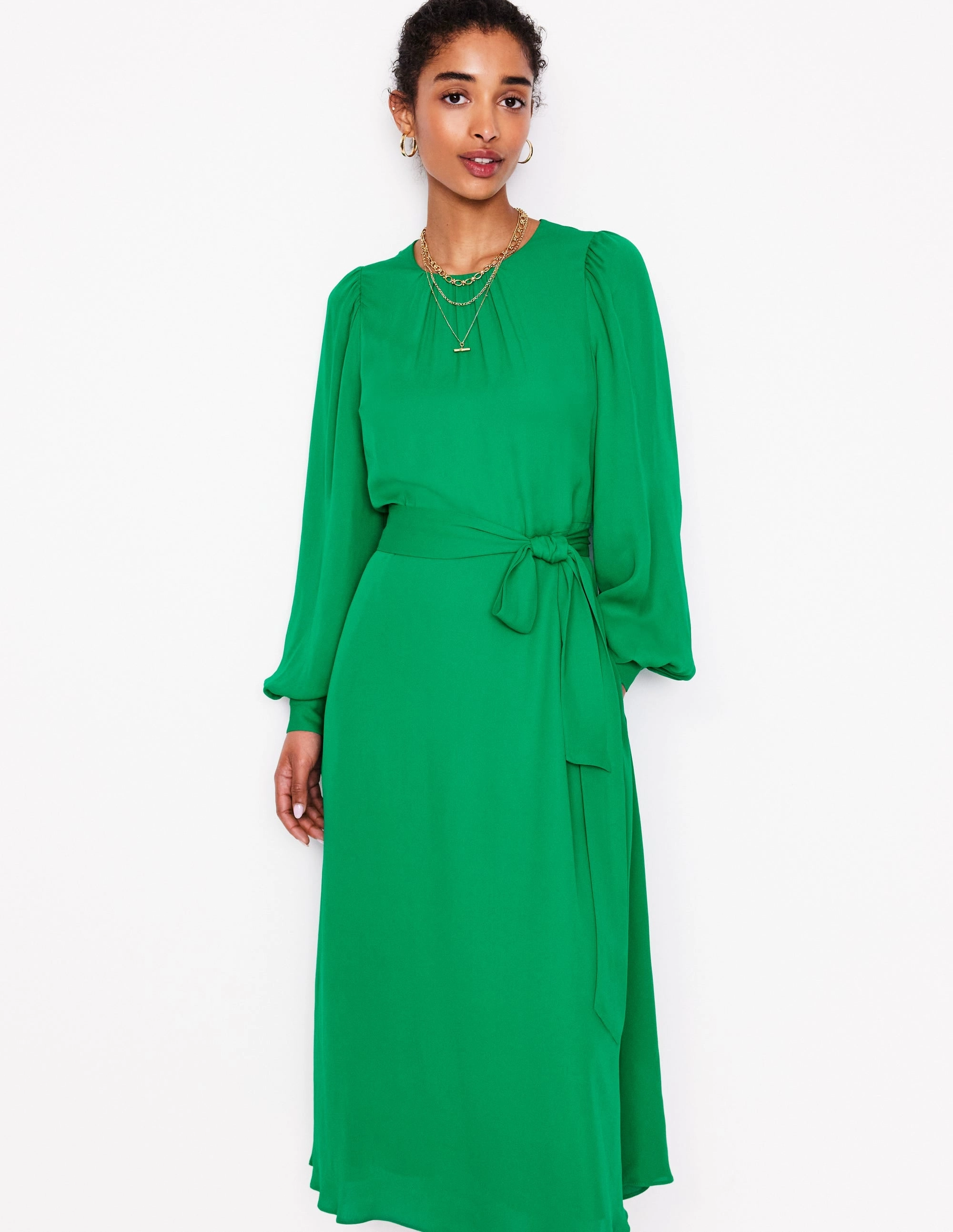 Blouson Sleeve Midi Dress-Rich Emerald Comfortable casual dress