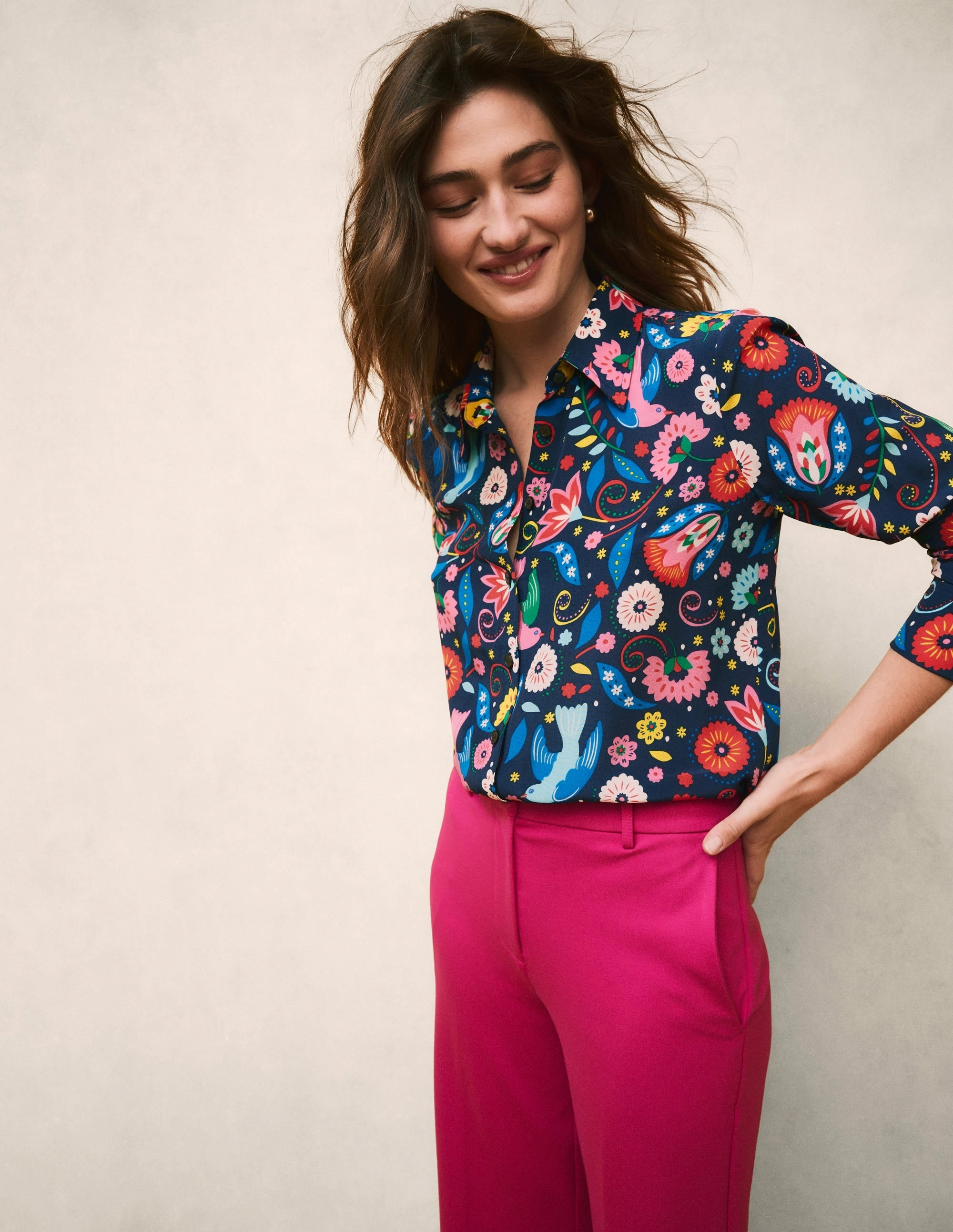 Soft Comfort Wear Casual Style Wear Sienna Silk Shirt-French Navy, Decorative Garden