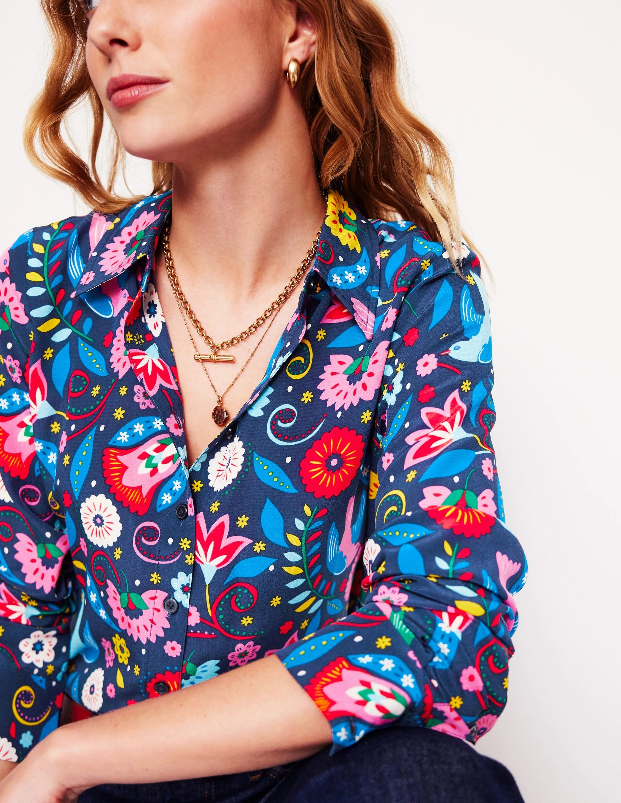 All-Day Stretch Cool Vibes Sienna Silk Shirt-French Navy, Decorative Garden