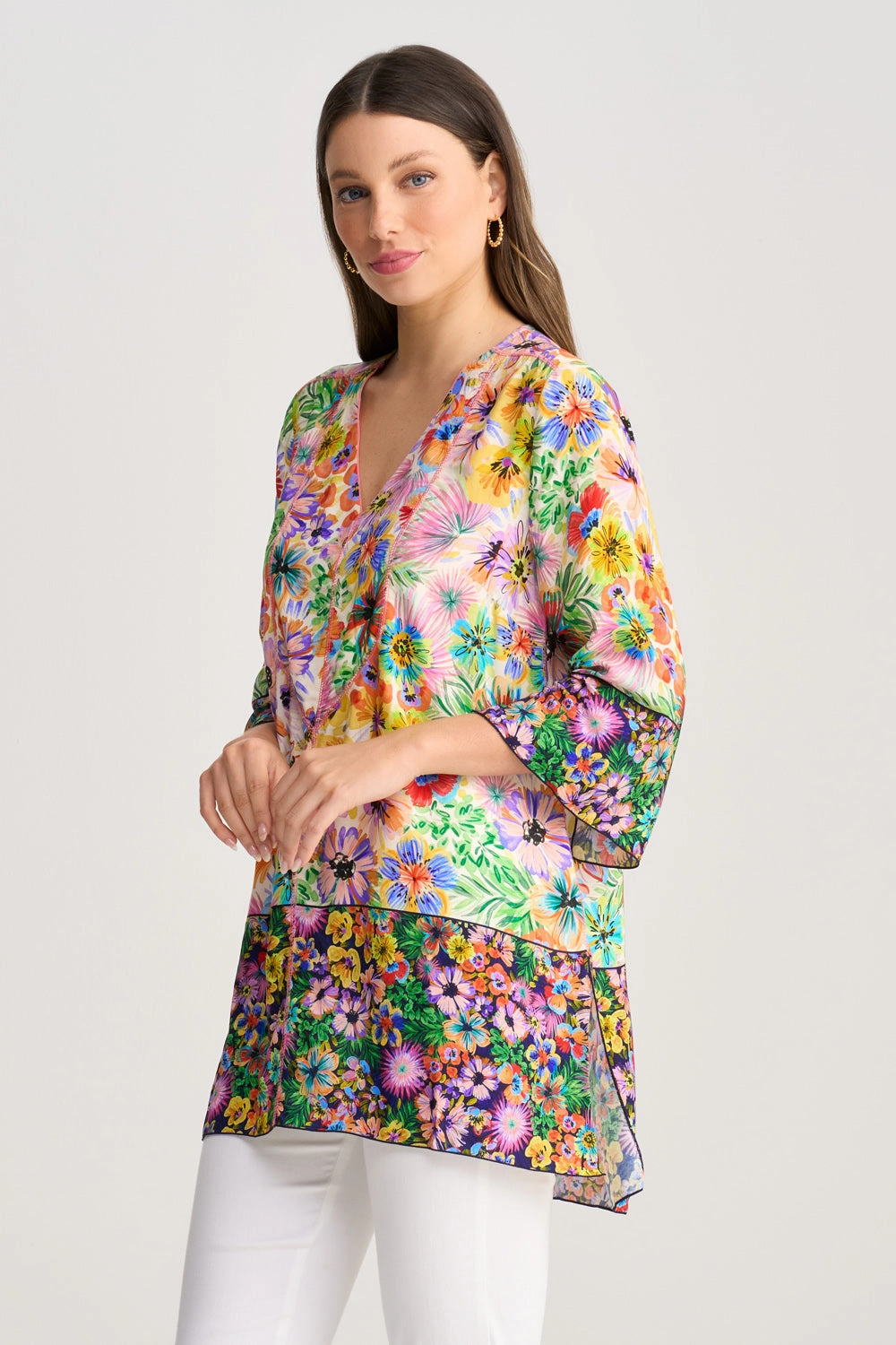 Top Stitch Kaftan - Flower Field Border RibbedHemline Hidden Pocket