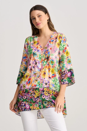 AthleisureCompatible ButtonFront Top Stitch Kaftan - Flower Field Border
