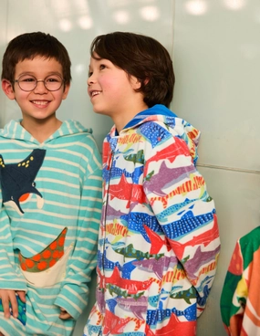 Vacation Swimwear Seaside Adventure Towelling Zip-Up Throw-On-Ivory Riso Shark