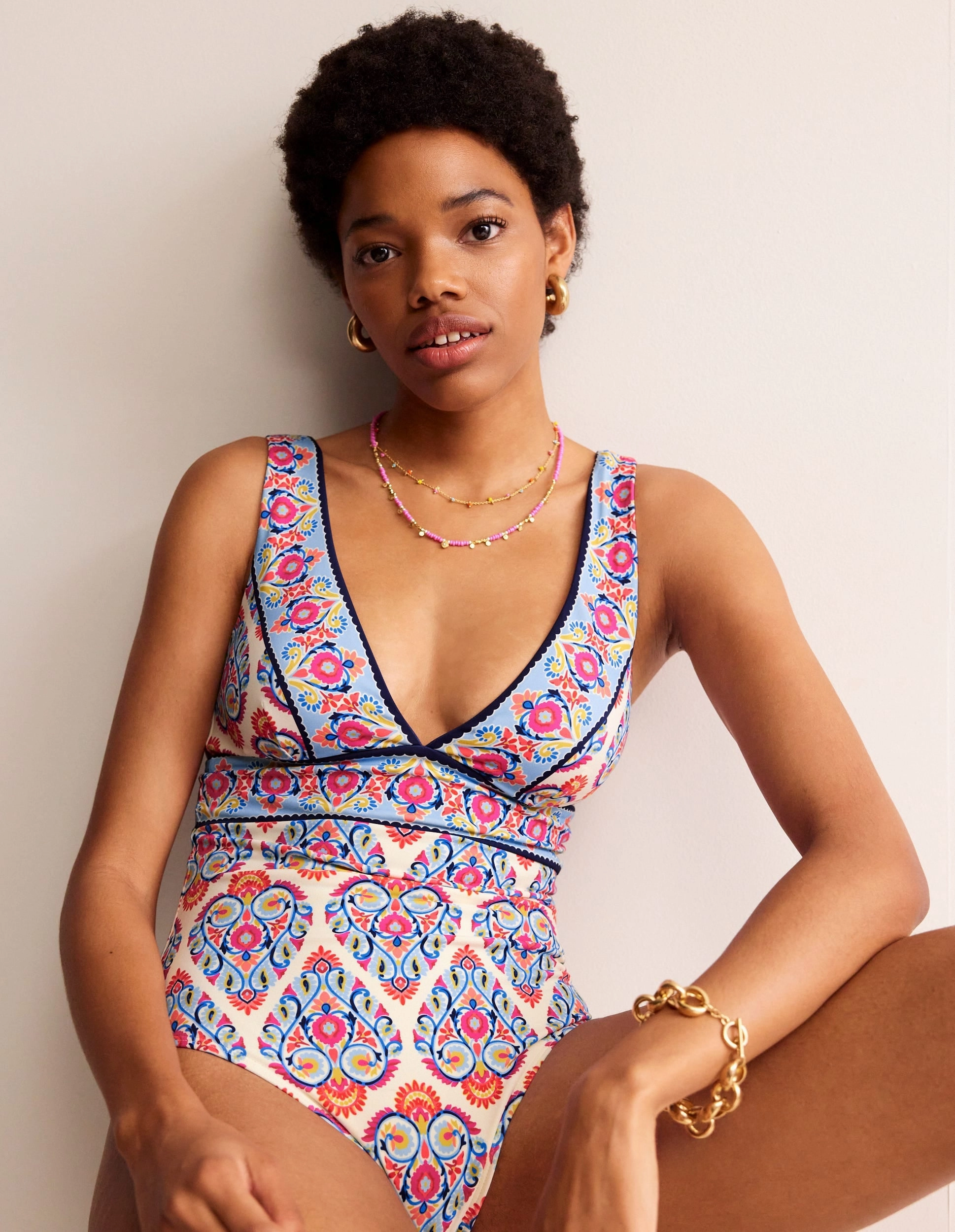 Porto V-Neck Swimsuit-Ivory, Flora Stamp Biodegradable Fabric Poolside Ready