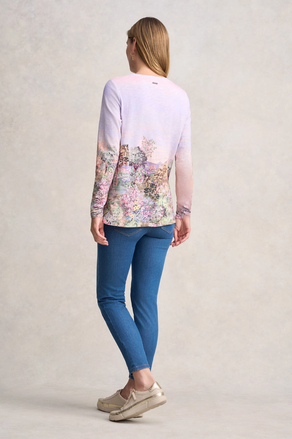 Contrast Stitch Detail Long Sleeve Organic Cotton T-Shirt - Scenic Sunset Print