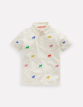 Embroidered Slub Polo Shirt-Ivory Rainbow Janet Sleek Look Soft Base