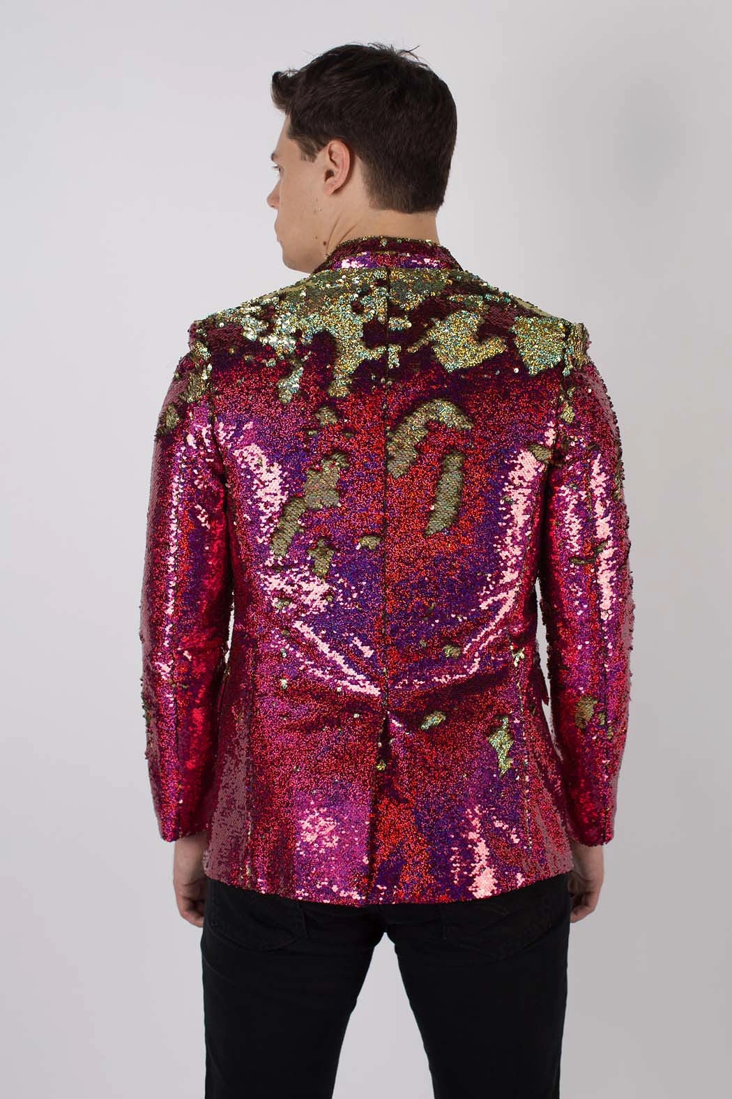 Help Weekend Comfort Any Old Iron Pink Hologram Mens Sequin Jacket