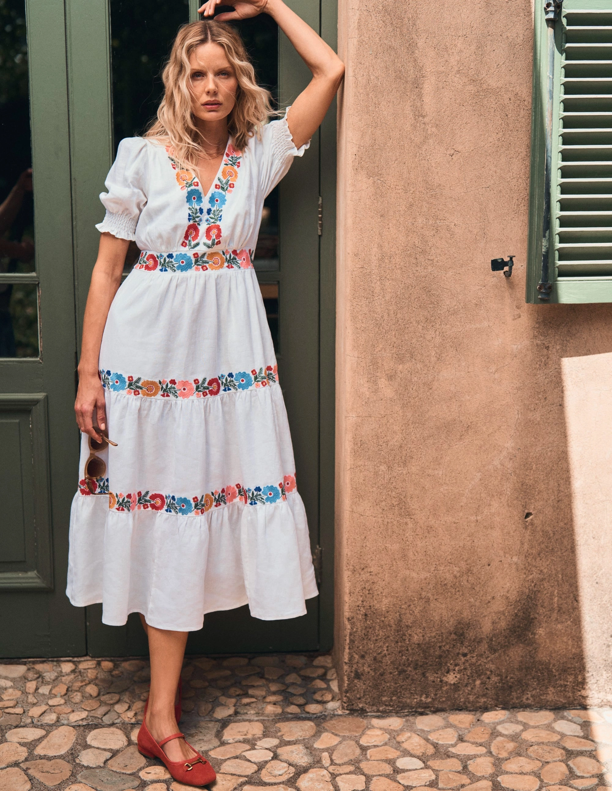 Anna Linen Tiered Midi Dress-White, Multi Embroidery Power Soft Sleek and Simple