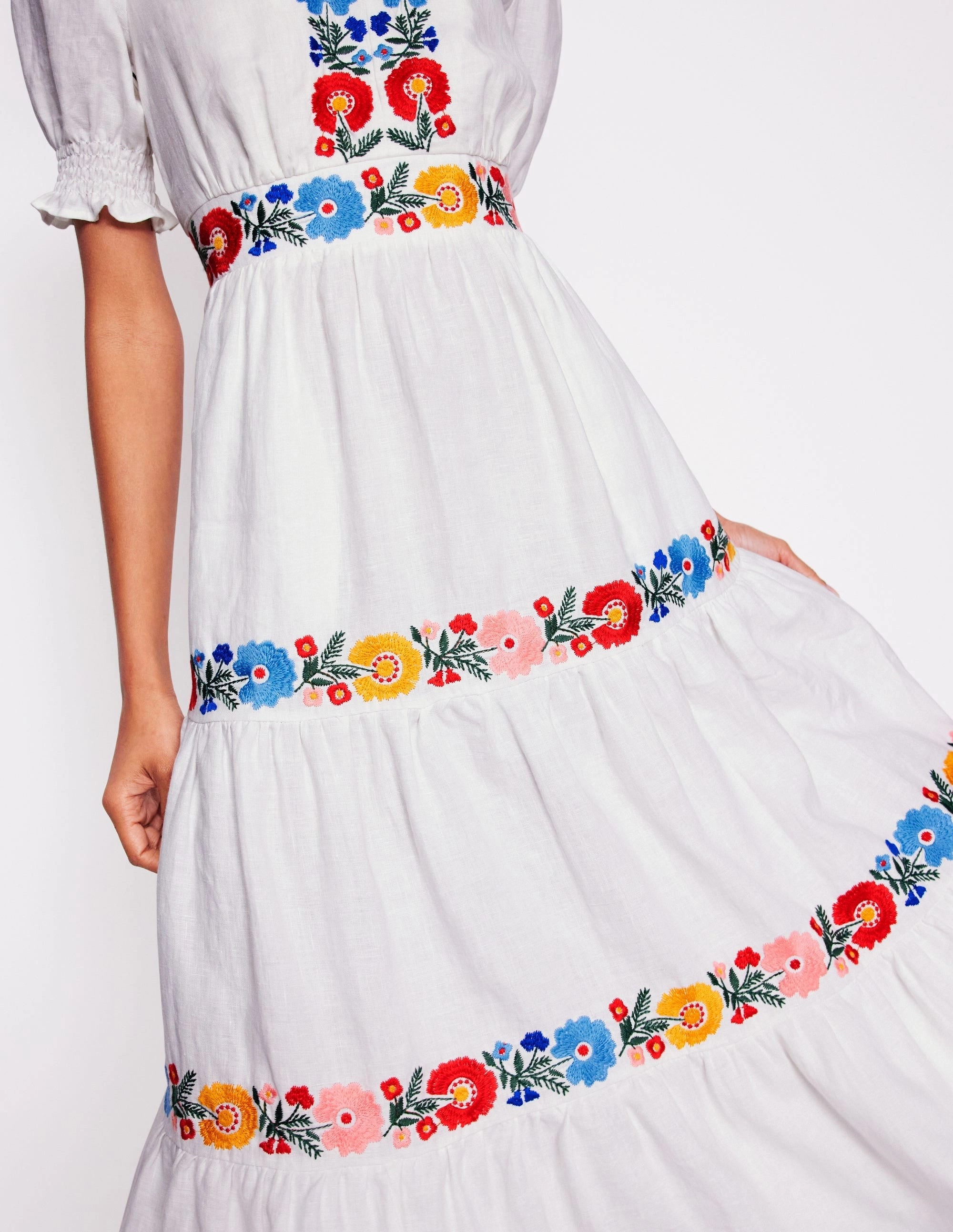 Daywear Fit Anna Linen Tiered Midi Dress-White, Multi Embroidery