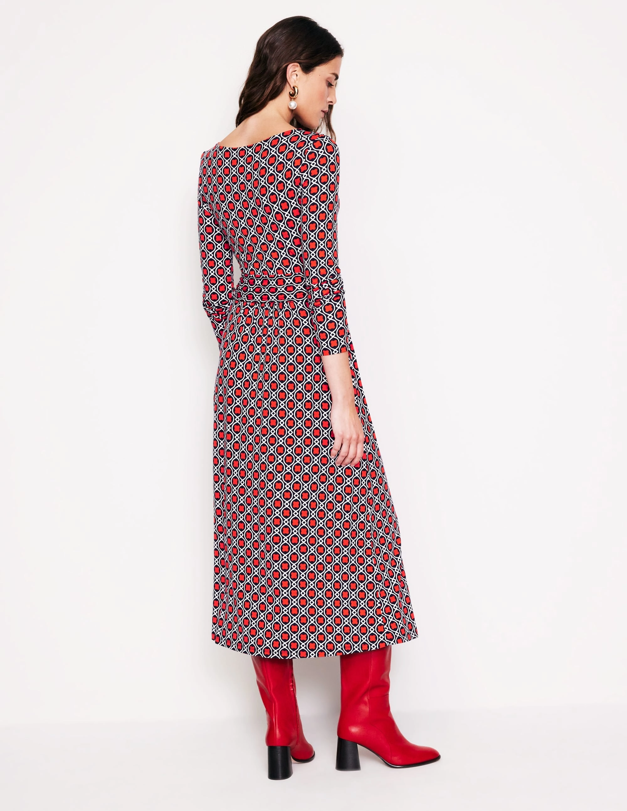 Statement-Buttons Amelie Long Sleeve Midi Dress-Blaze Orange, Clover Terrace