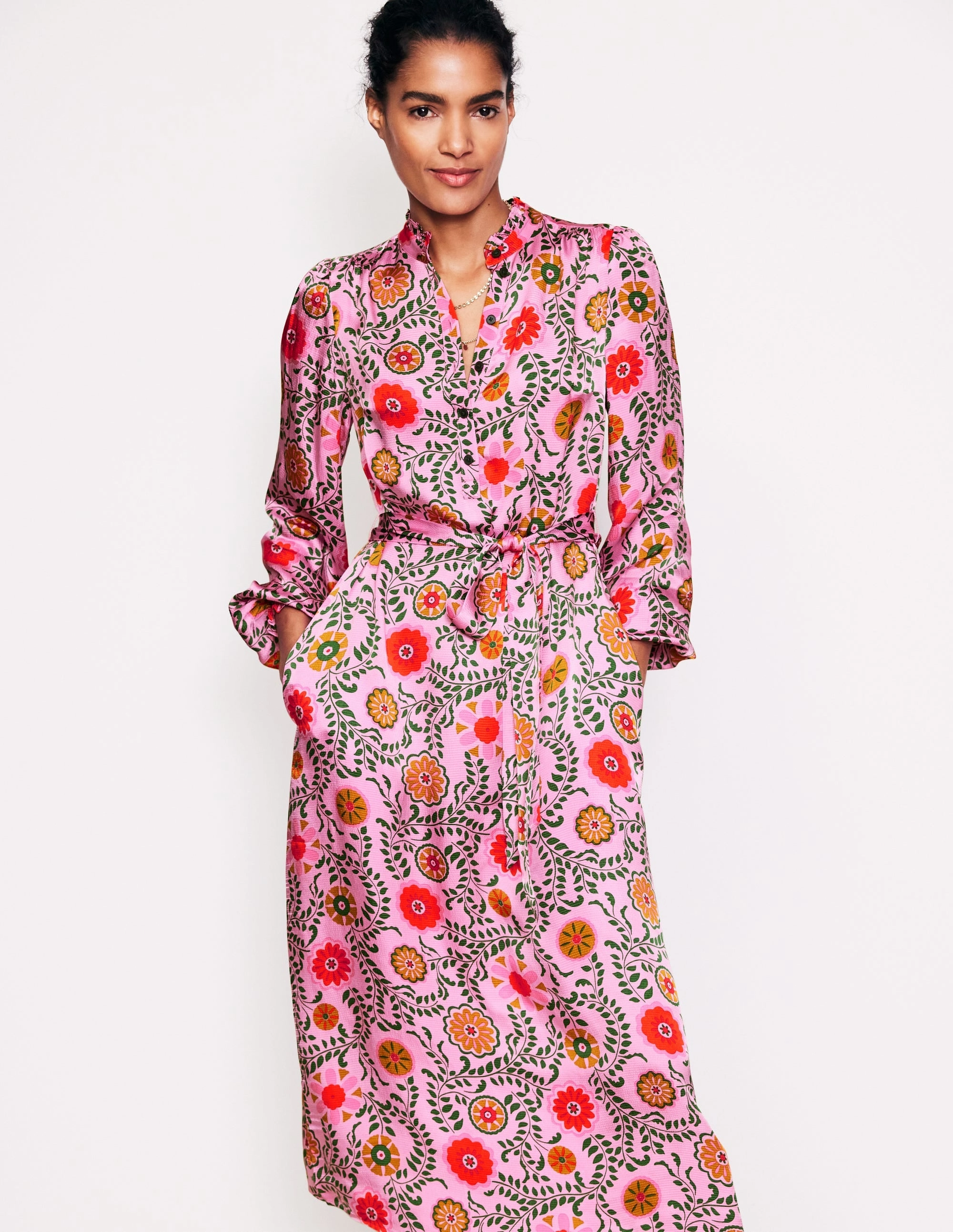 Jasmine Satin Midi Dress-Moonlite Mauve, Meadow Vine Outdoor Scene Short Sleeve