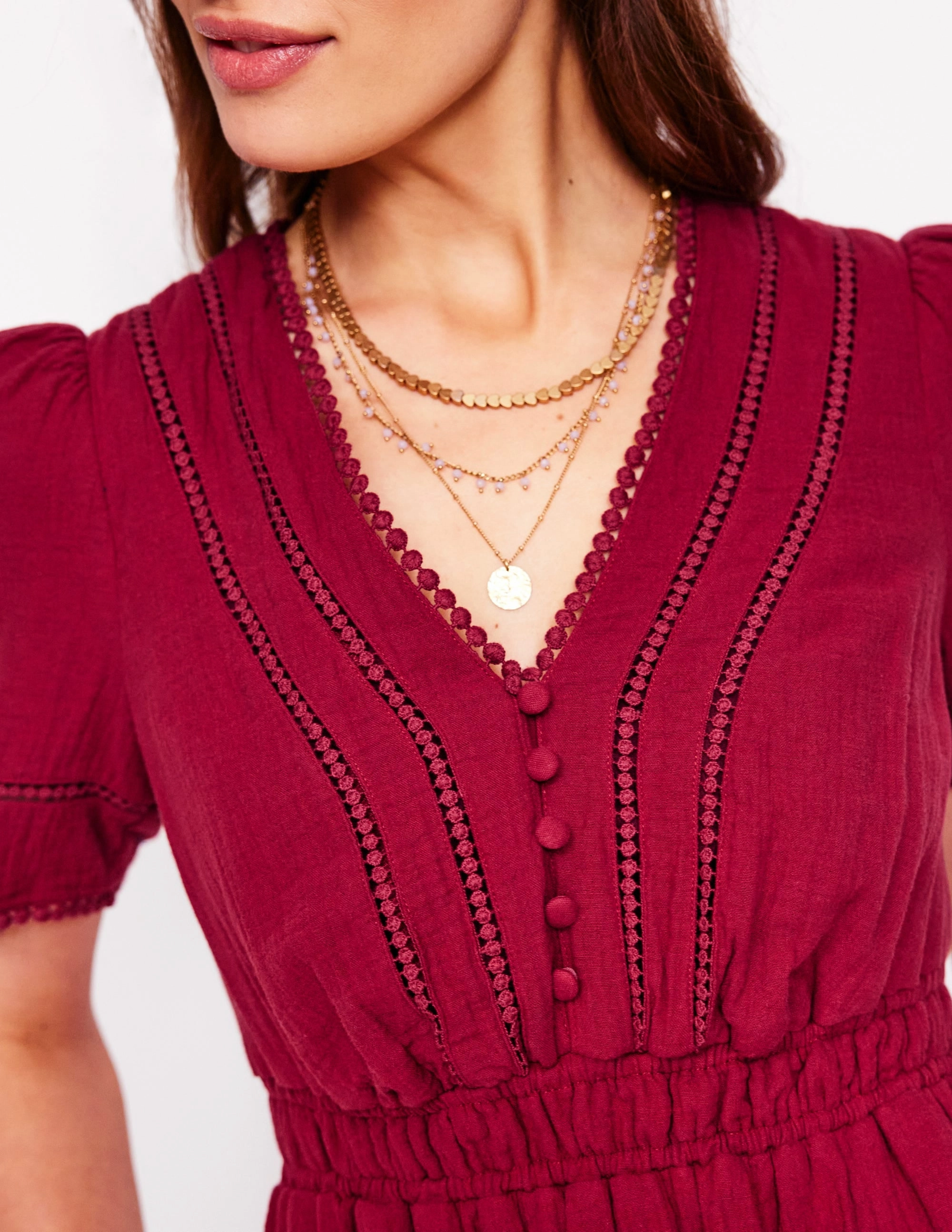 Trim Double Cloth Dress-Garnet Red Chilly Comfort Patterned-Fabric