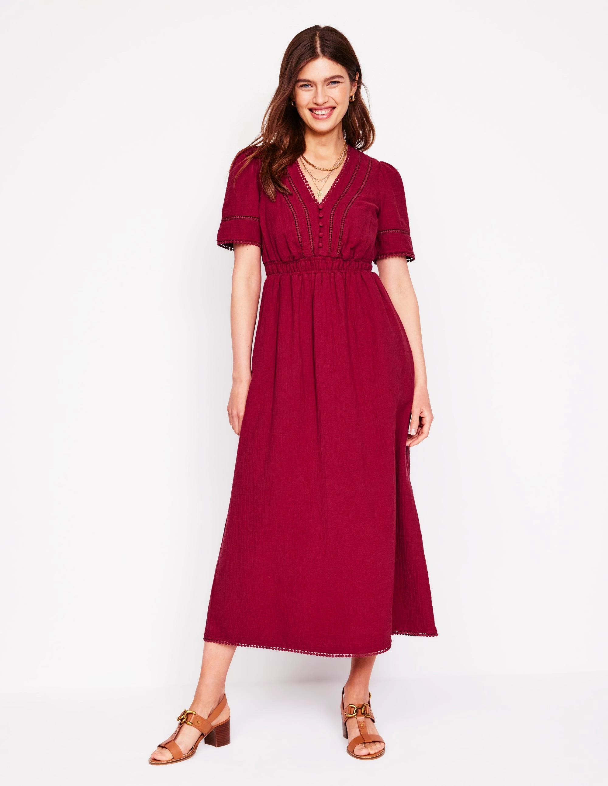 Outfit Boost Trim Double Cloth Dress-Garnet Red