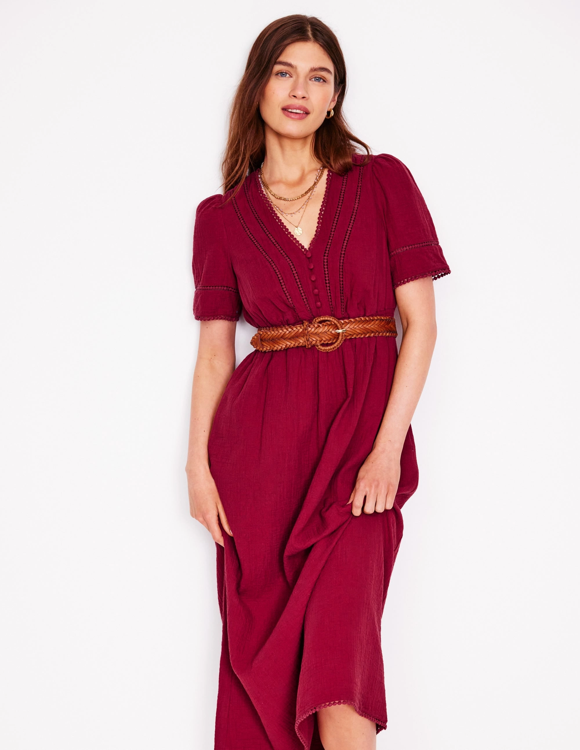 Feminine Cut Trim Double Cloth Dress-Garnet Red